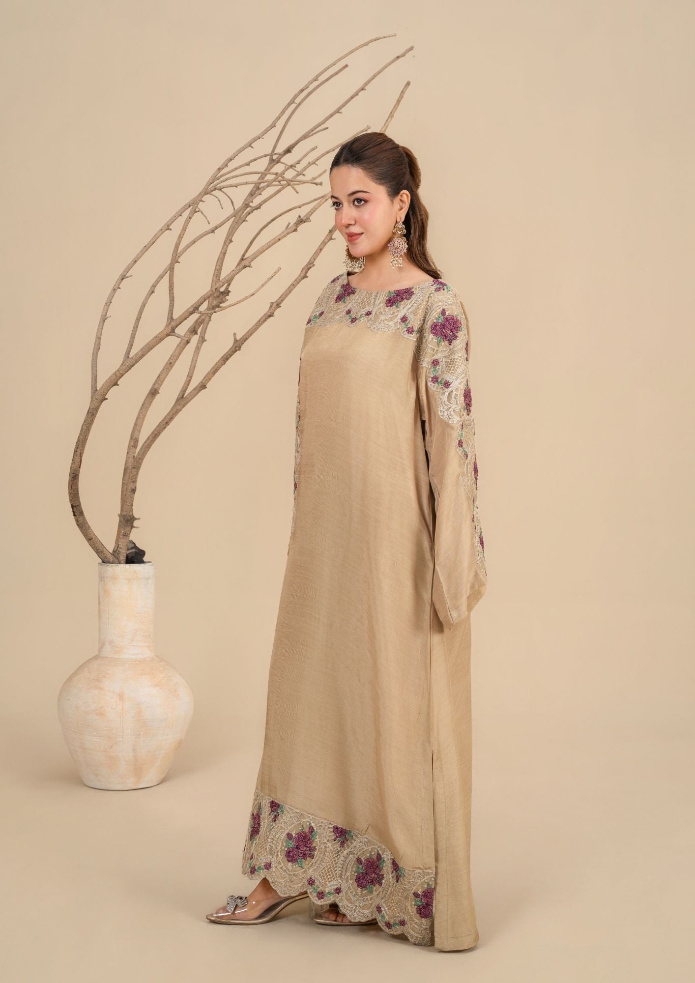 viscose raw silk Kurta Set in Beige