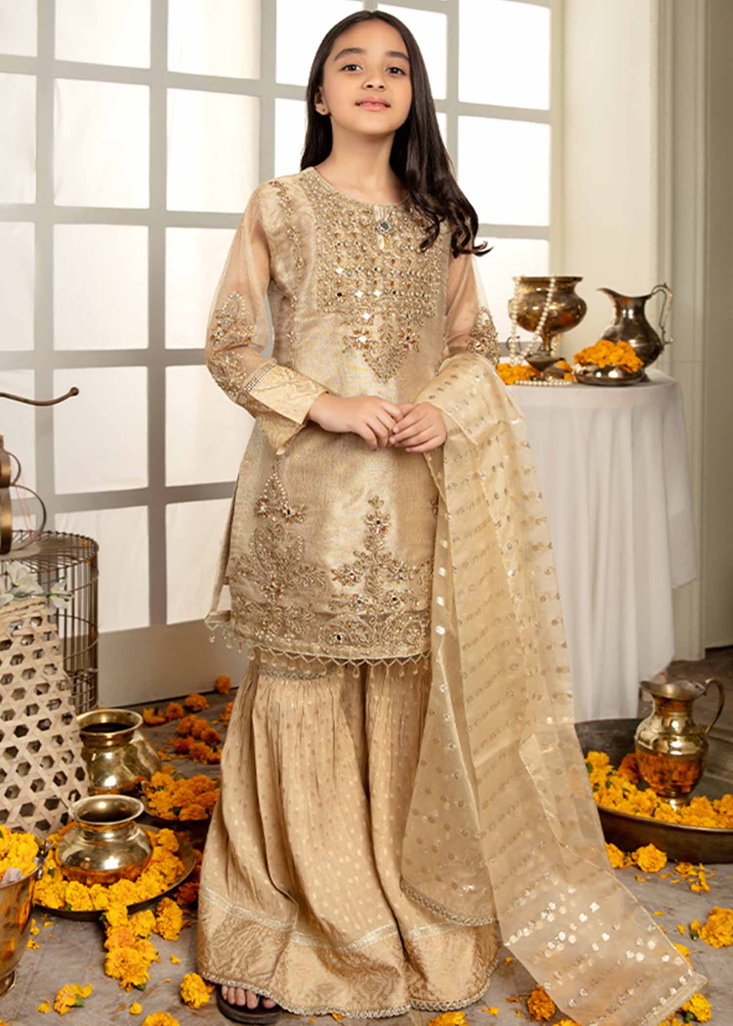 zari net Gharara in Gold