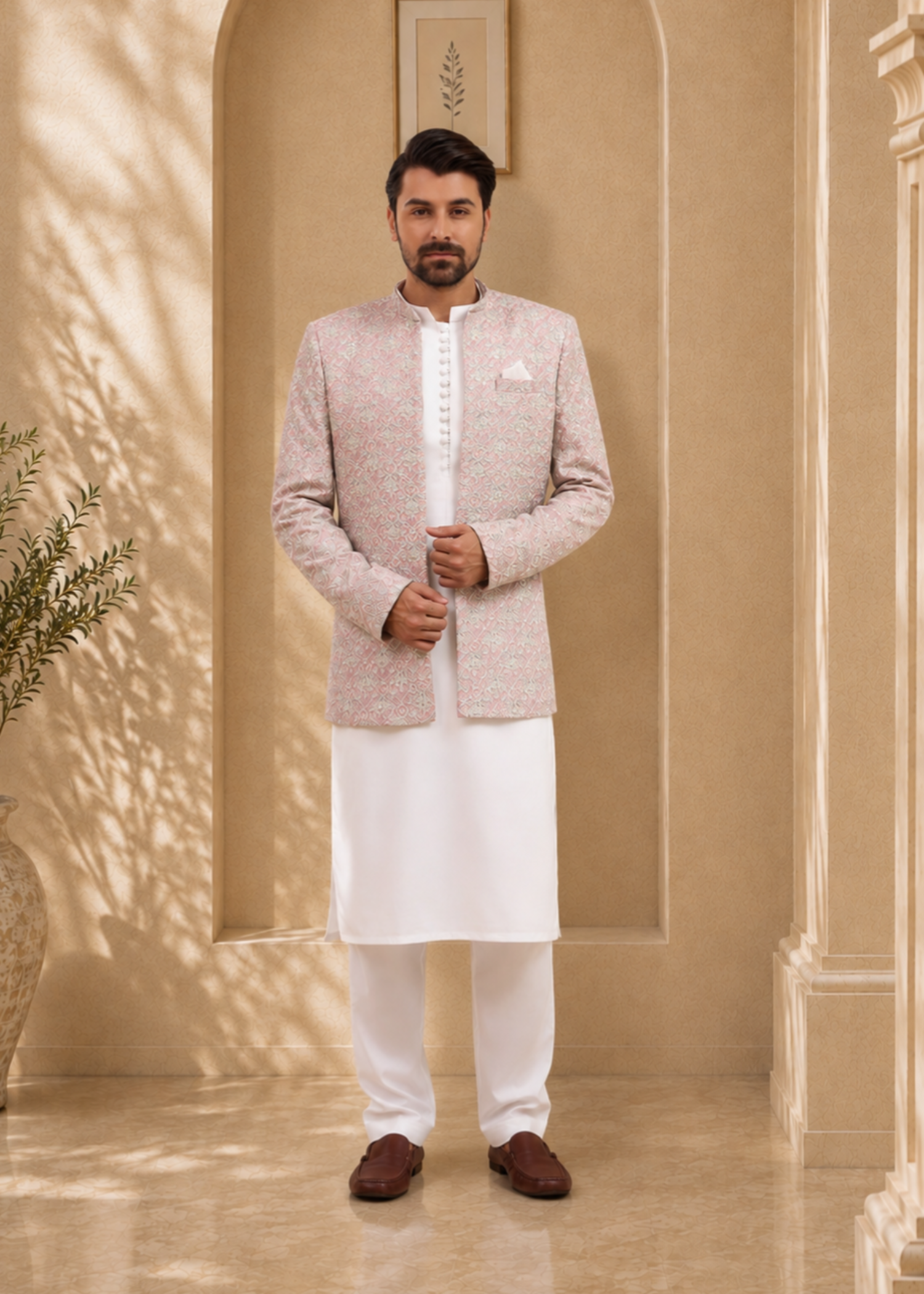 jamawar Prince Coat in Rose pink
