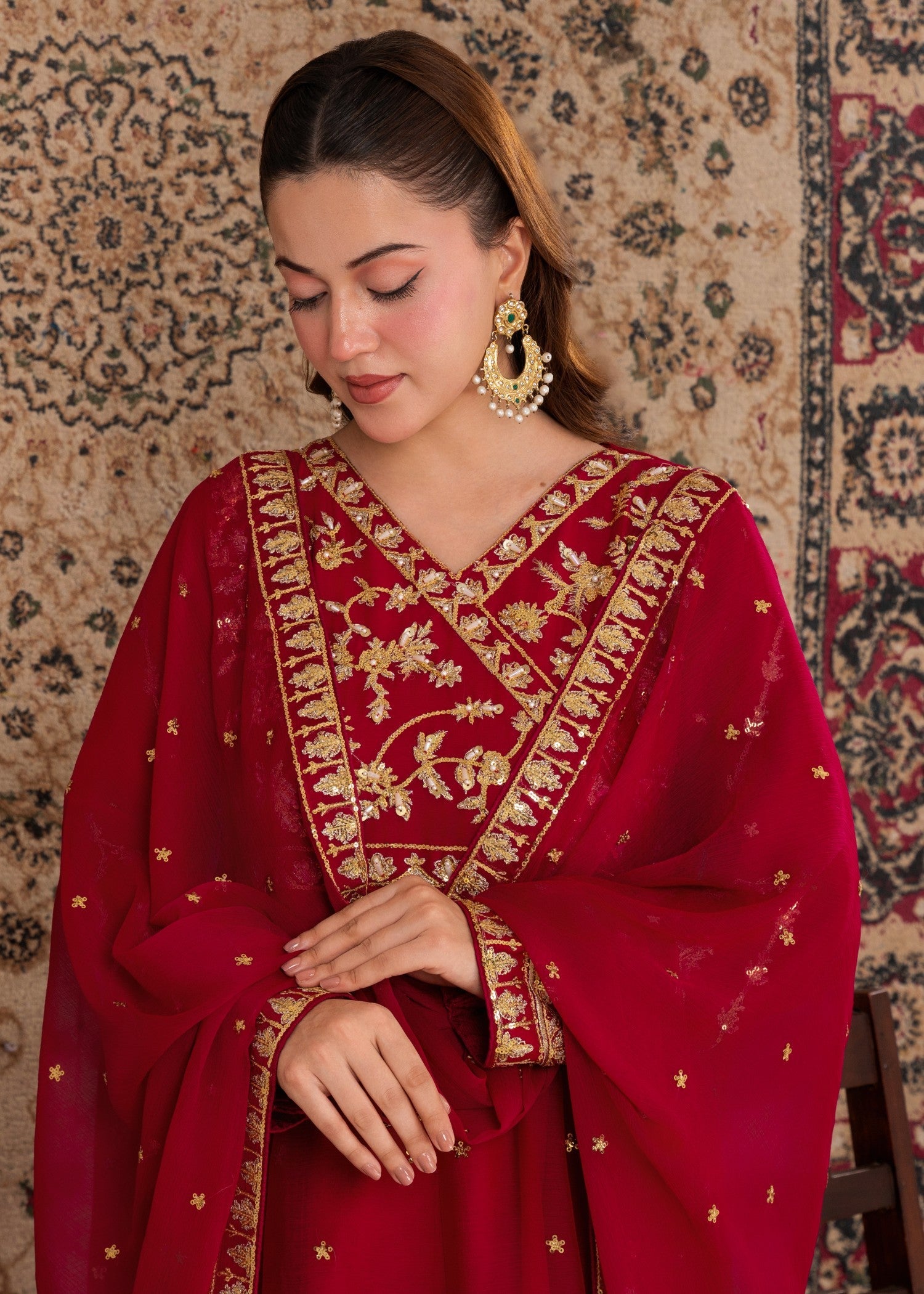 crinkle chiffon Angrakha in Red