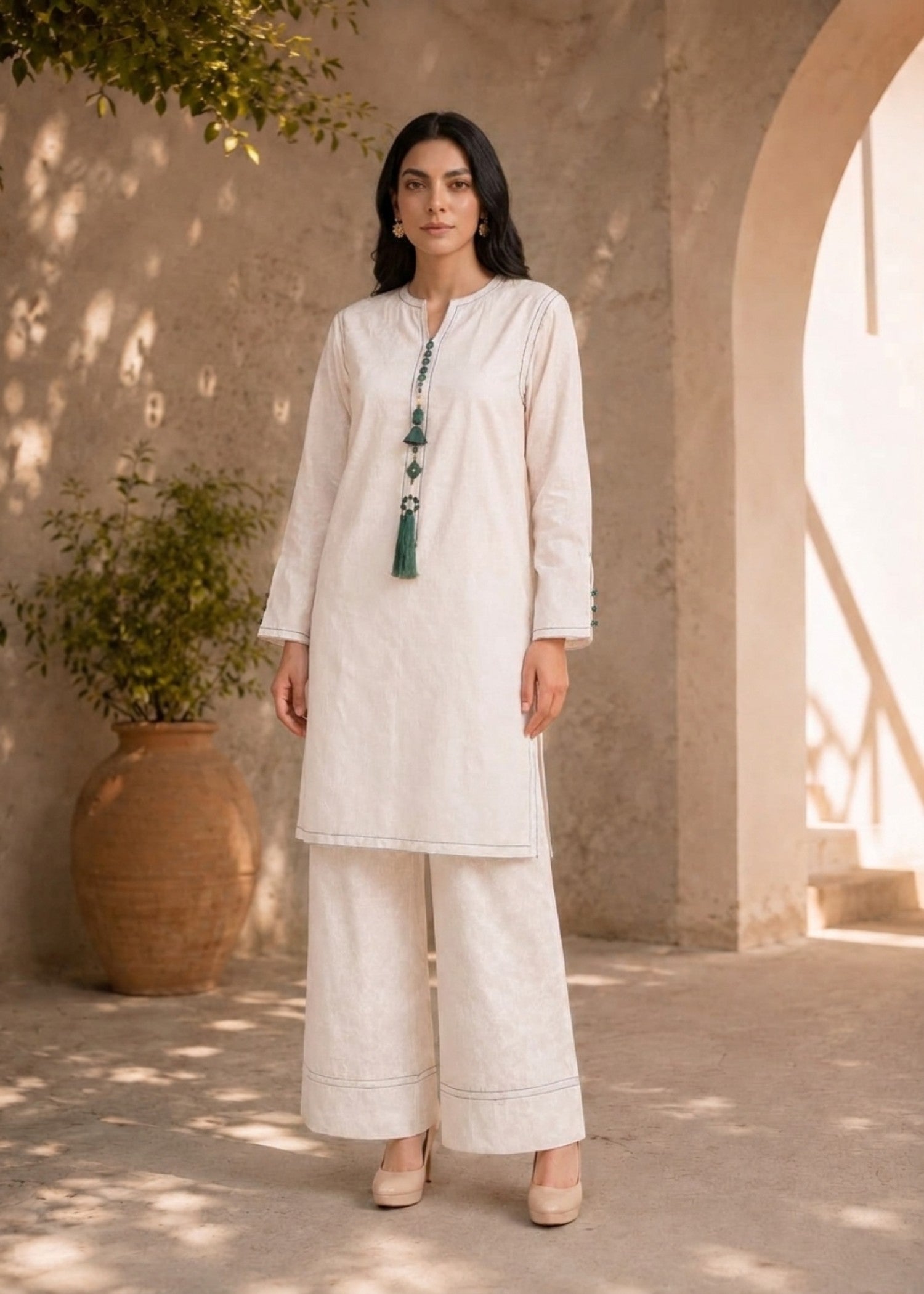 viscose jacquard Kurta Set in Ivory