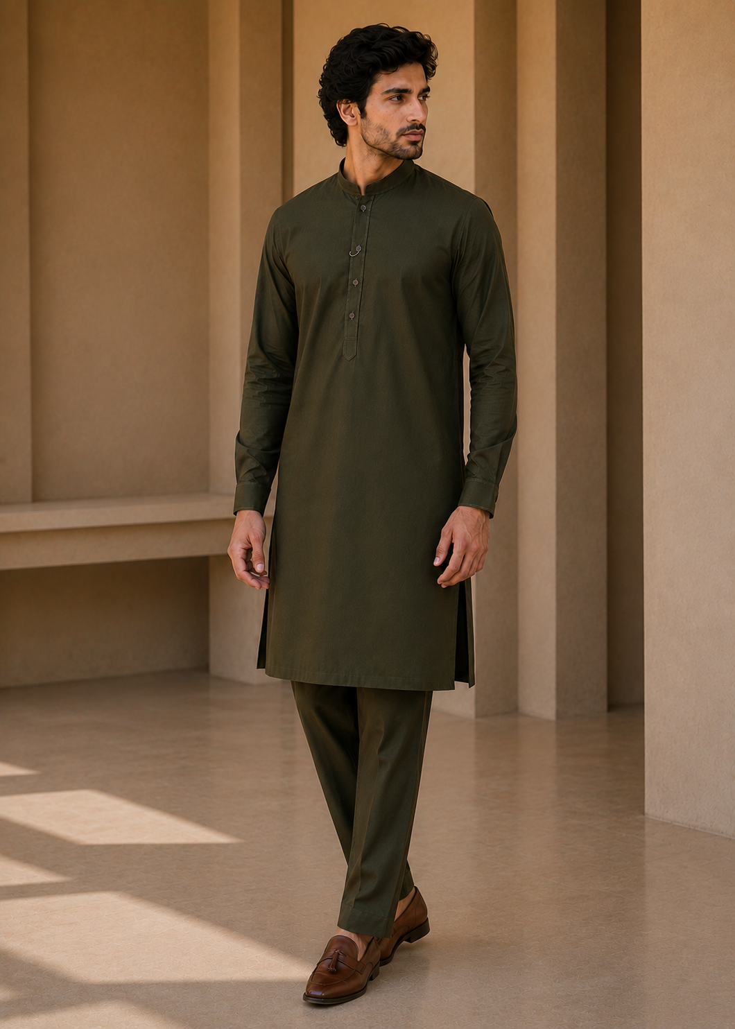 wash & wear Kurta Set in Black olive