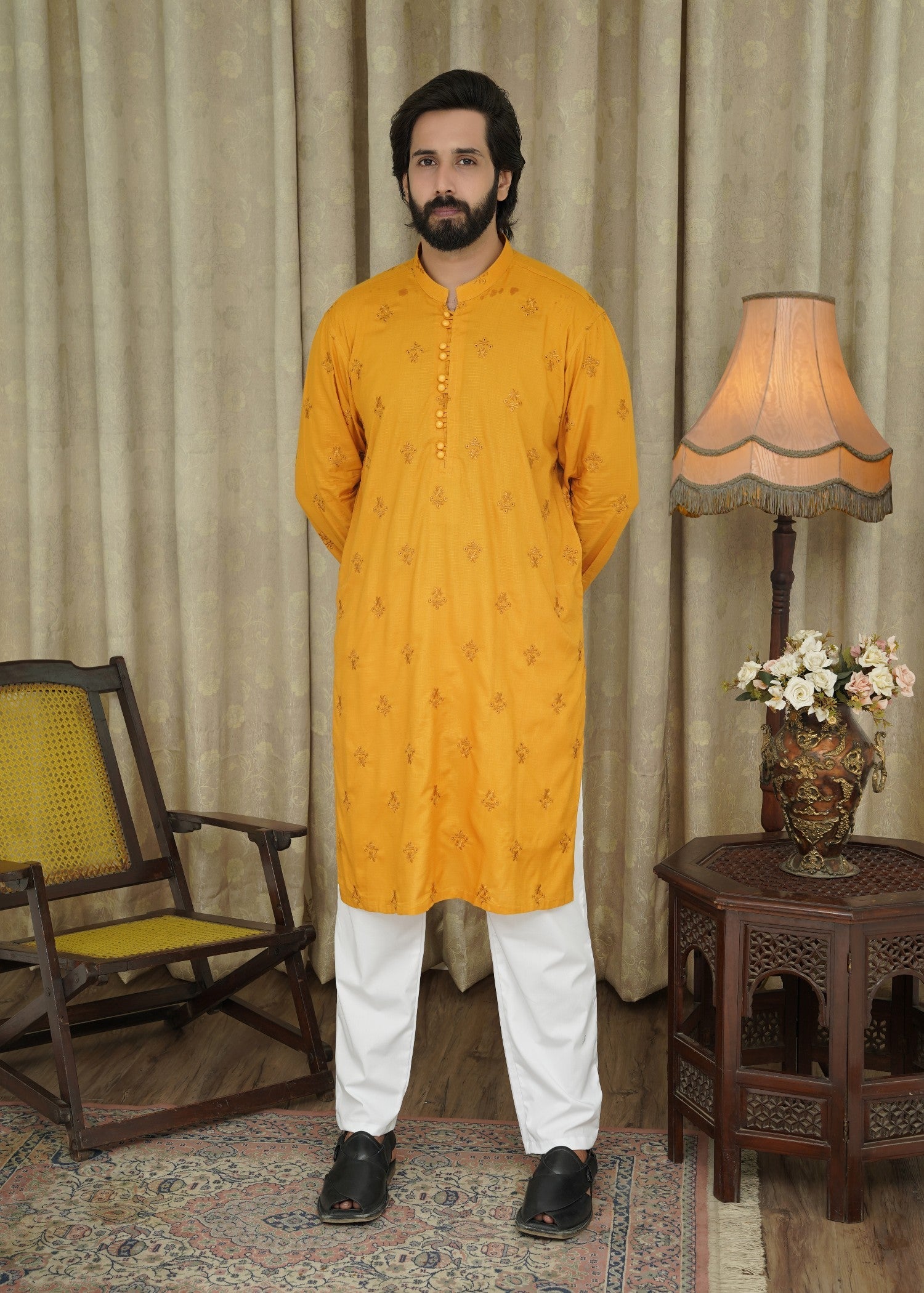 cotton linen Kurta in Mustard by Maqsood Garments