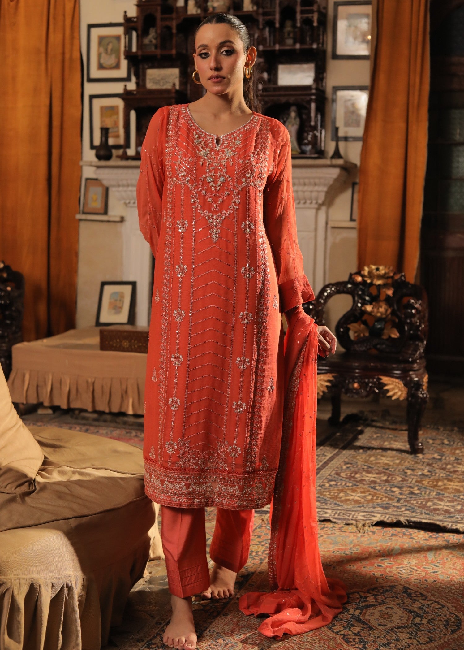 raw silk Kurta Set in Coral orange