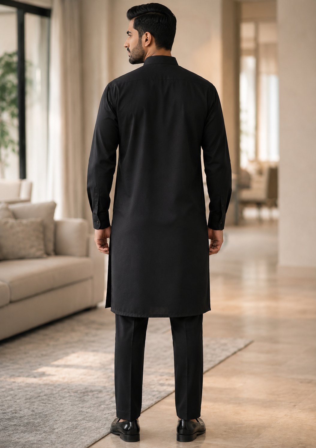 textured wash & wear Kurta Set in Black by Noor E Zehra.Store