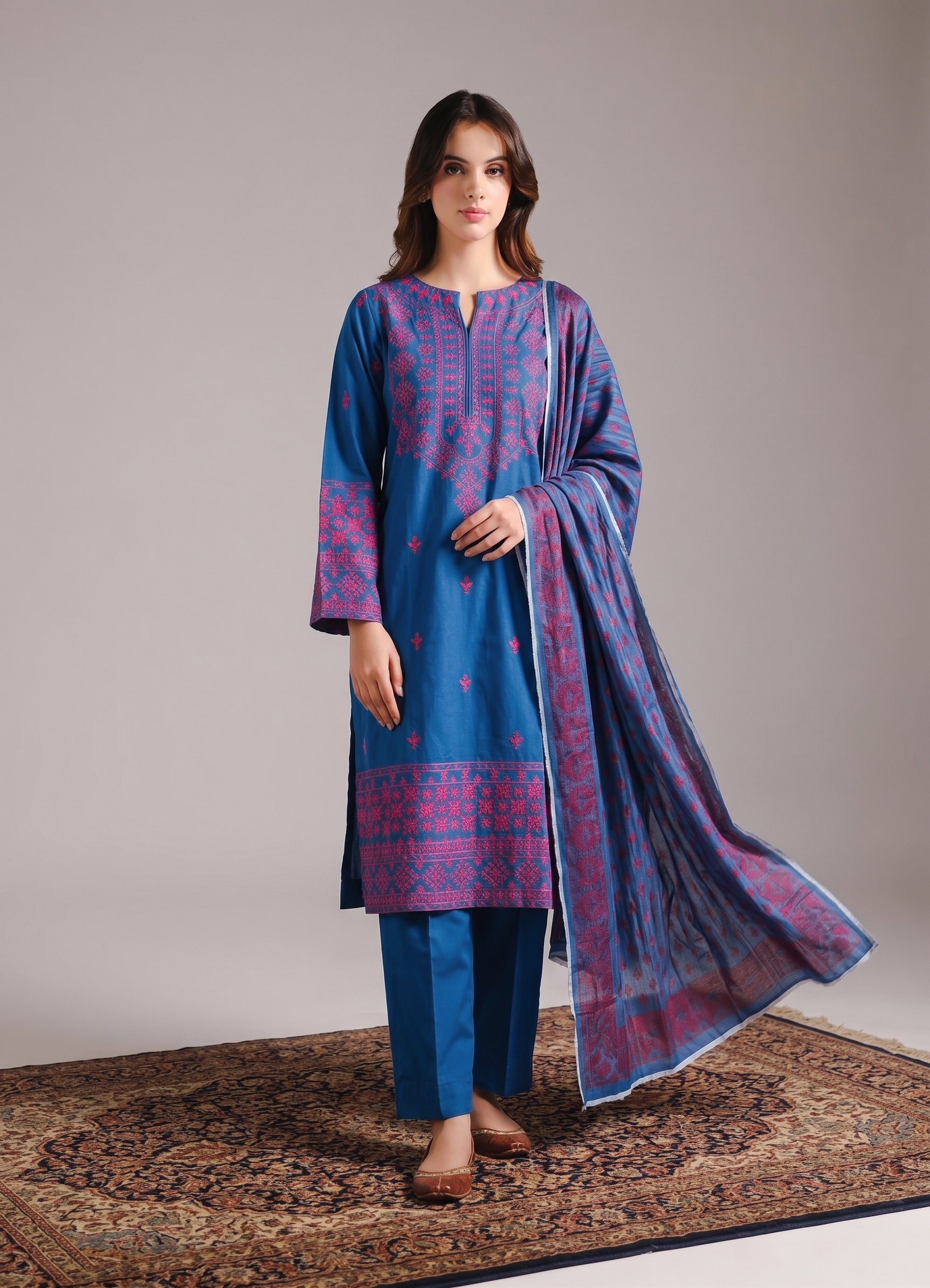 lawn cotton Kurta Set in Cerulean