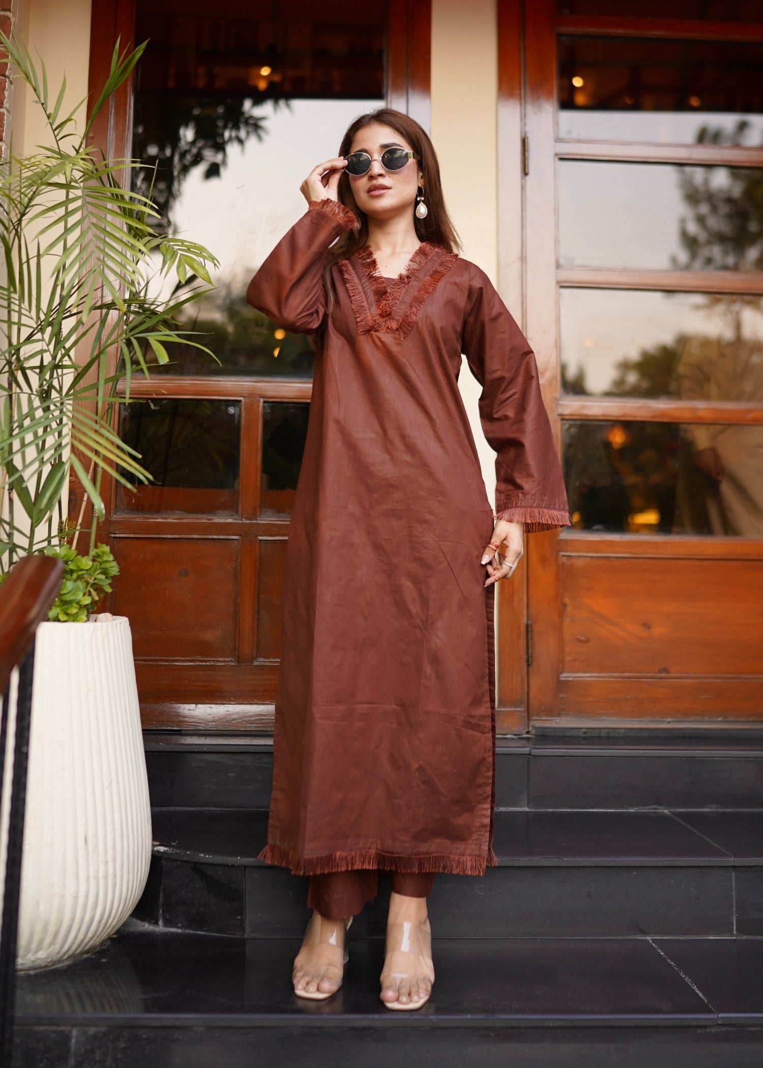 lawn cotton Kurta Set in Chocolate brown