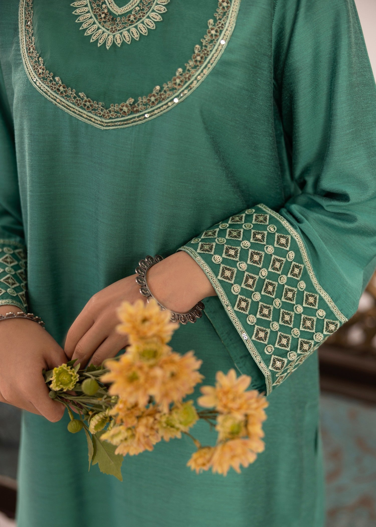 chambray Kurta Set in Aquamarine