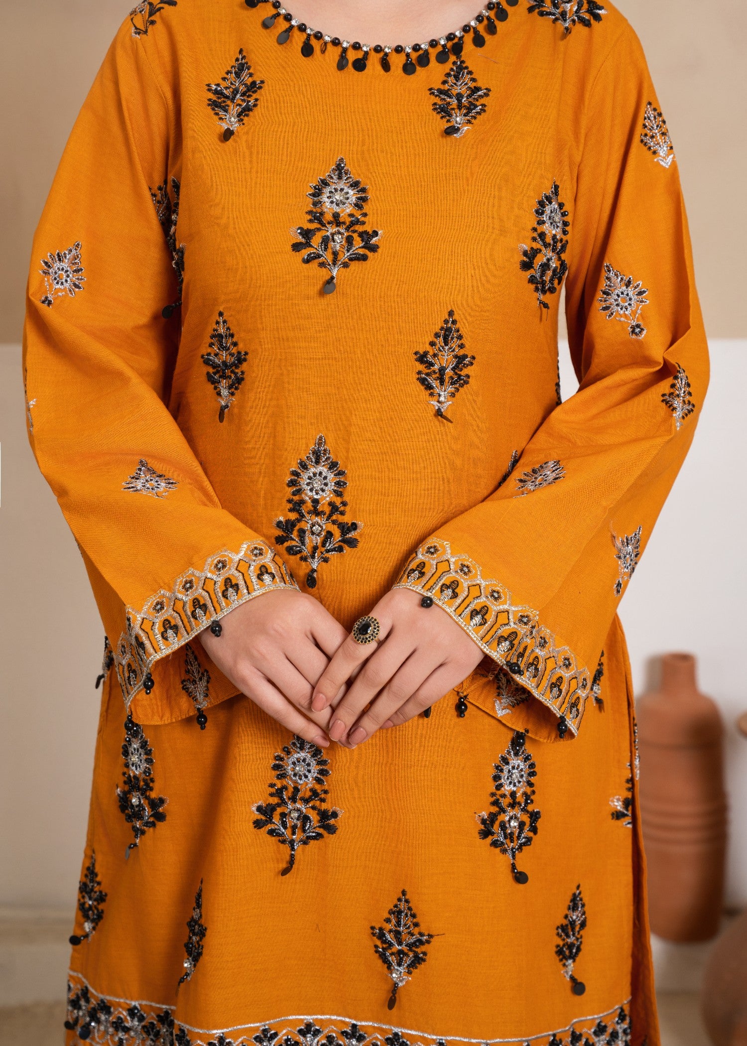 cambric cotton Kurta Set in Orange