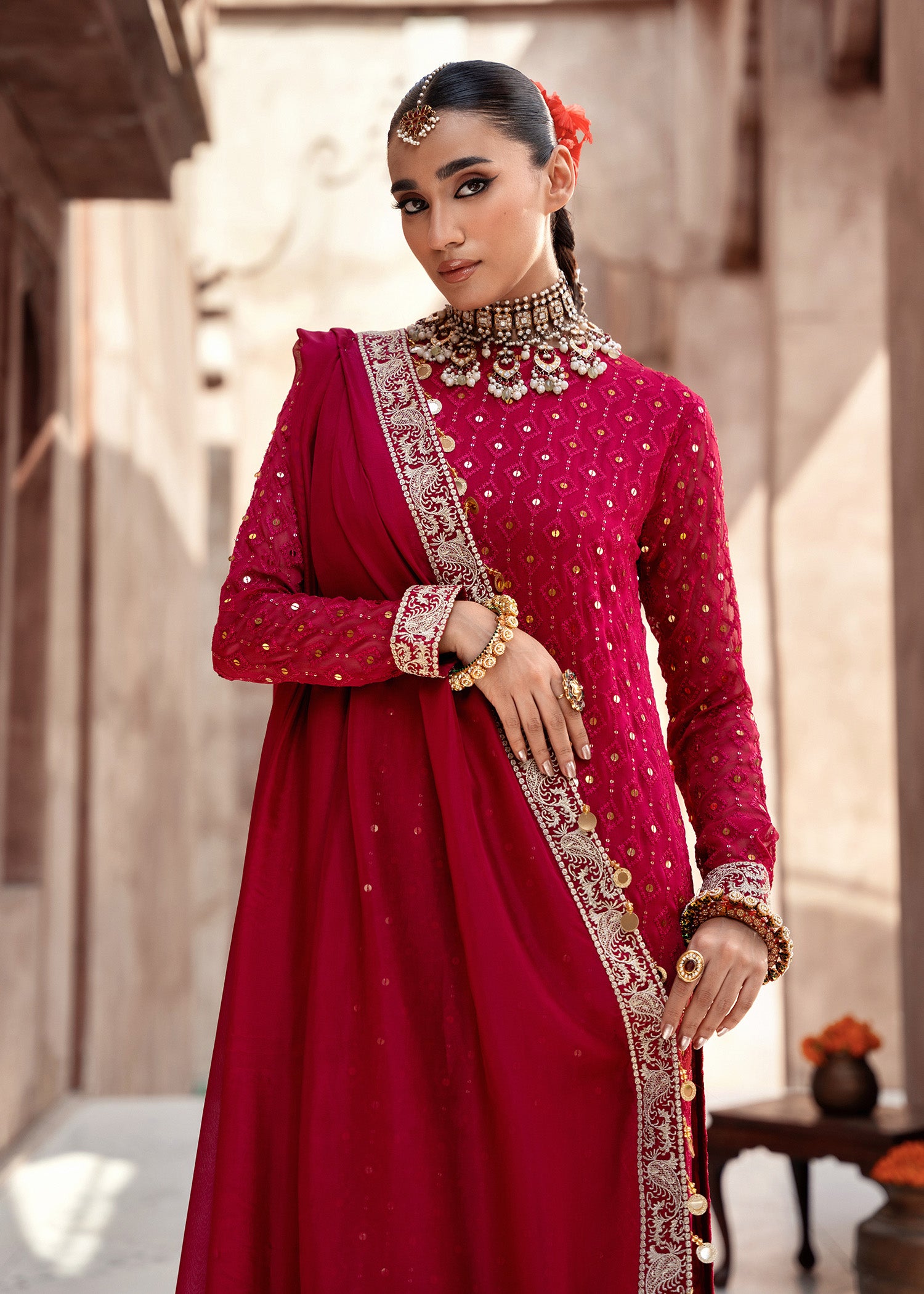 chiffon Kurta Set in Fire red