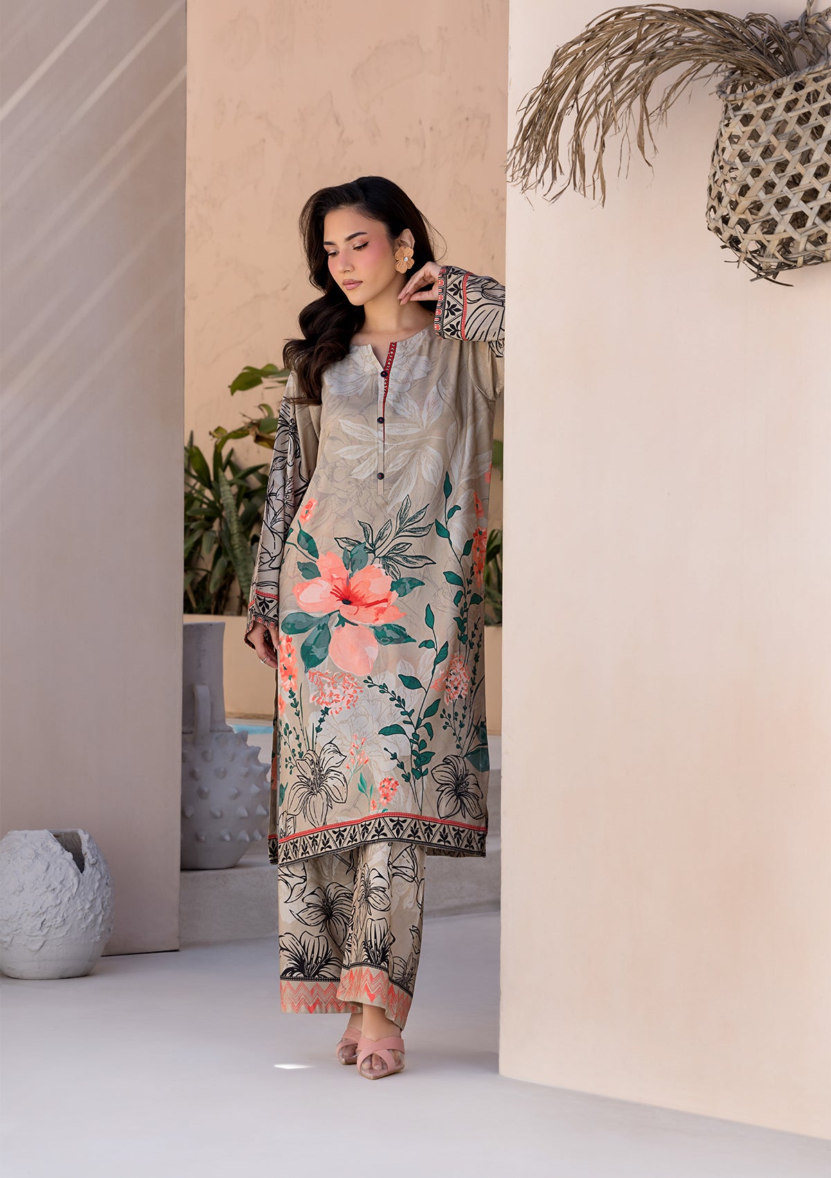 lawn Kurta Set in Tan brown