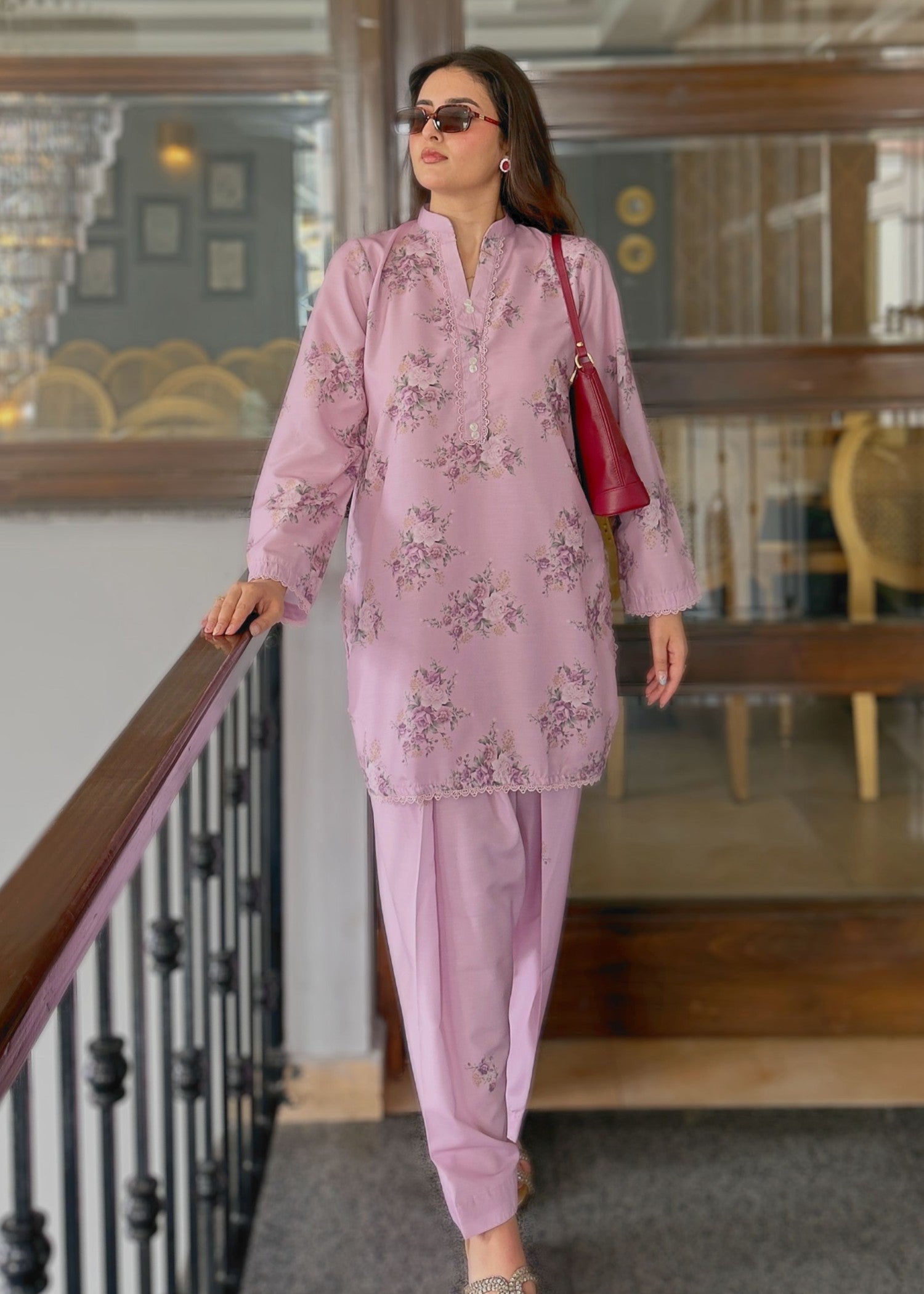 silk finish lawn Kurta Set in Mauve pink