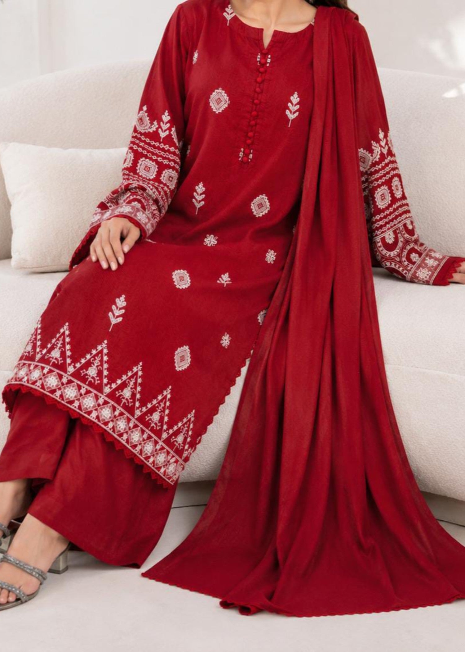 khaddar Kurta Set in Red