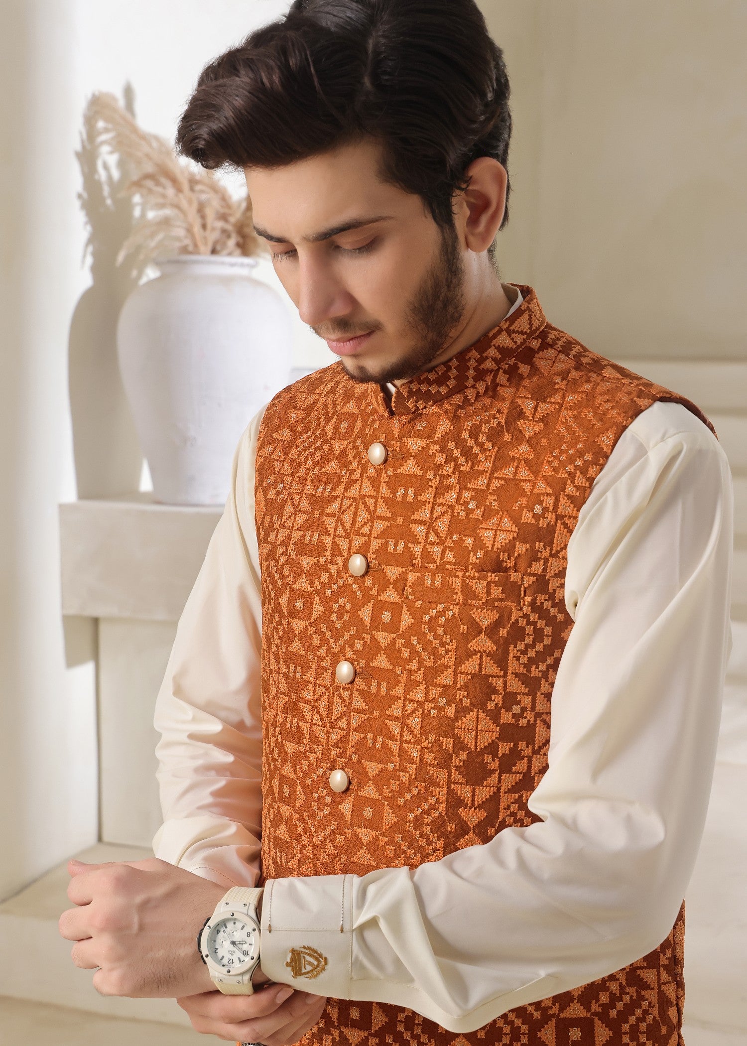 jamawar Waistcoat in Rust orange