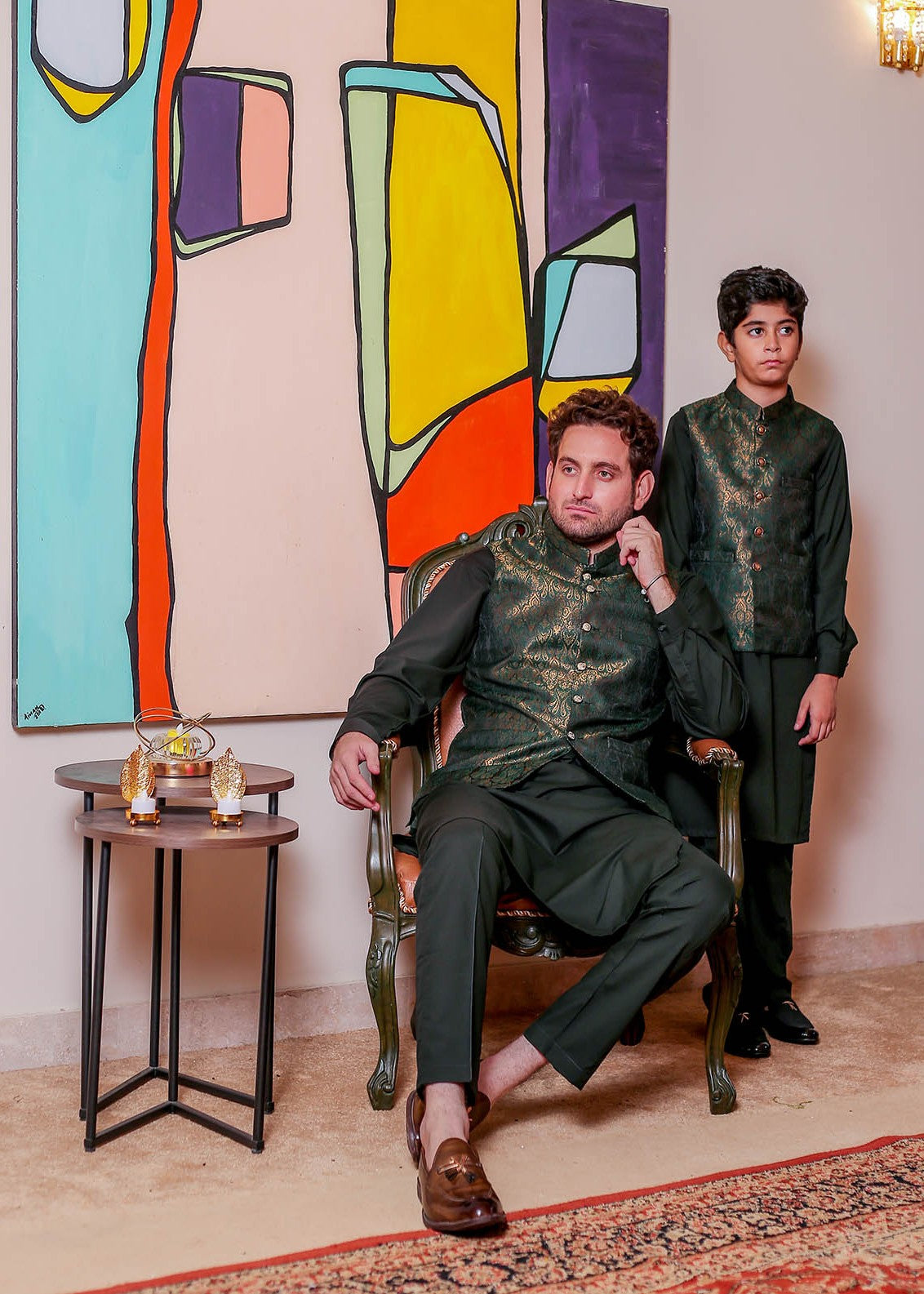 banarsi silk Waistcoat in Dark green