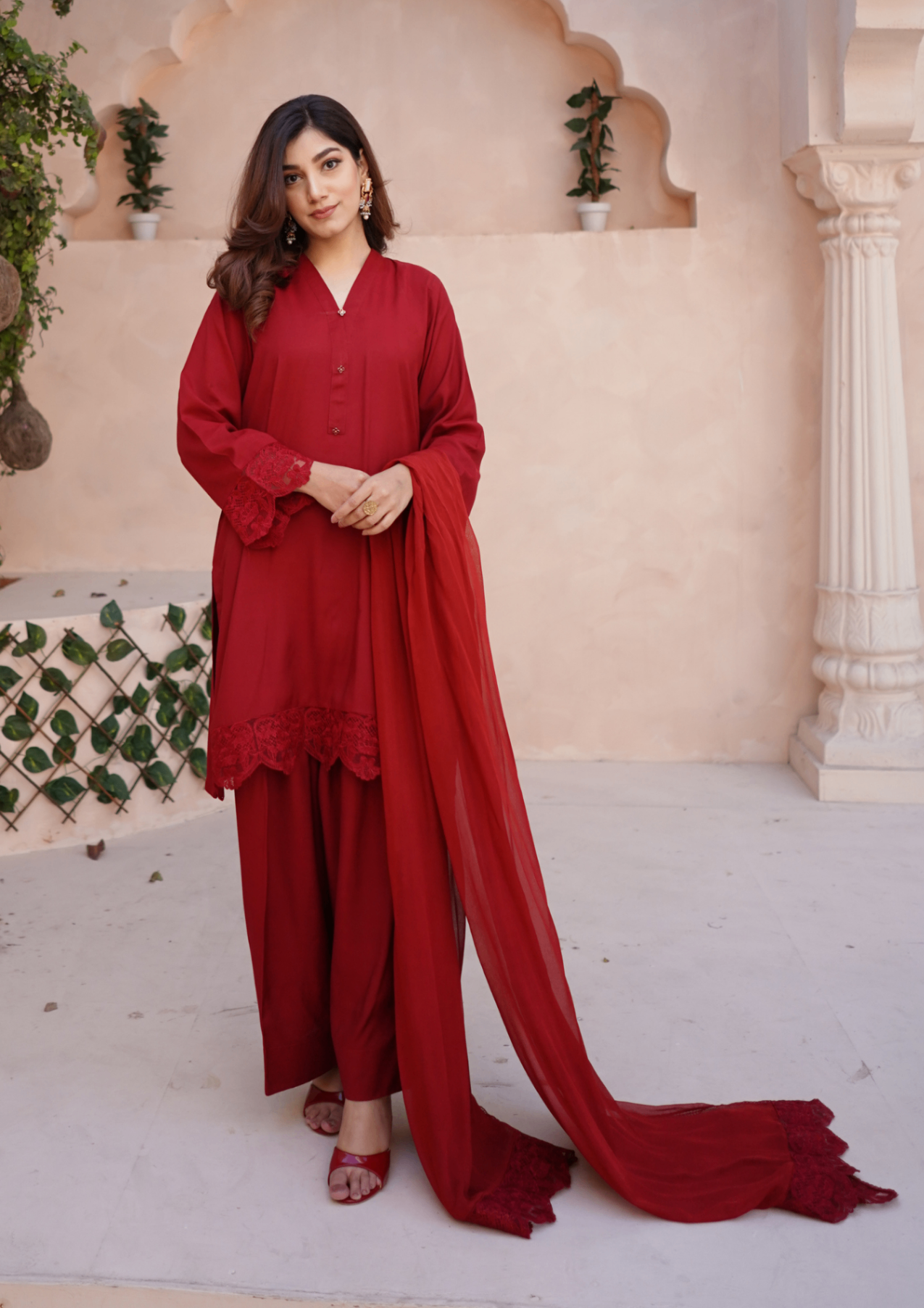 viscose raw silk Kurta Set in Red