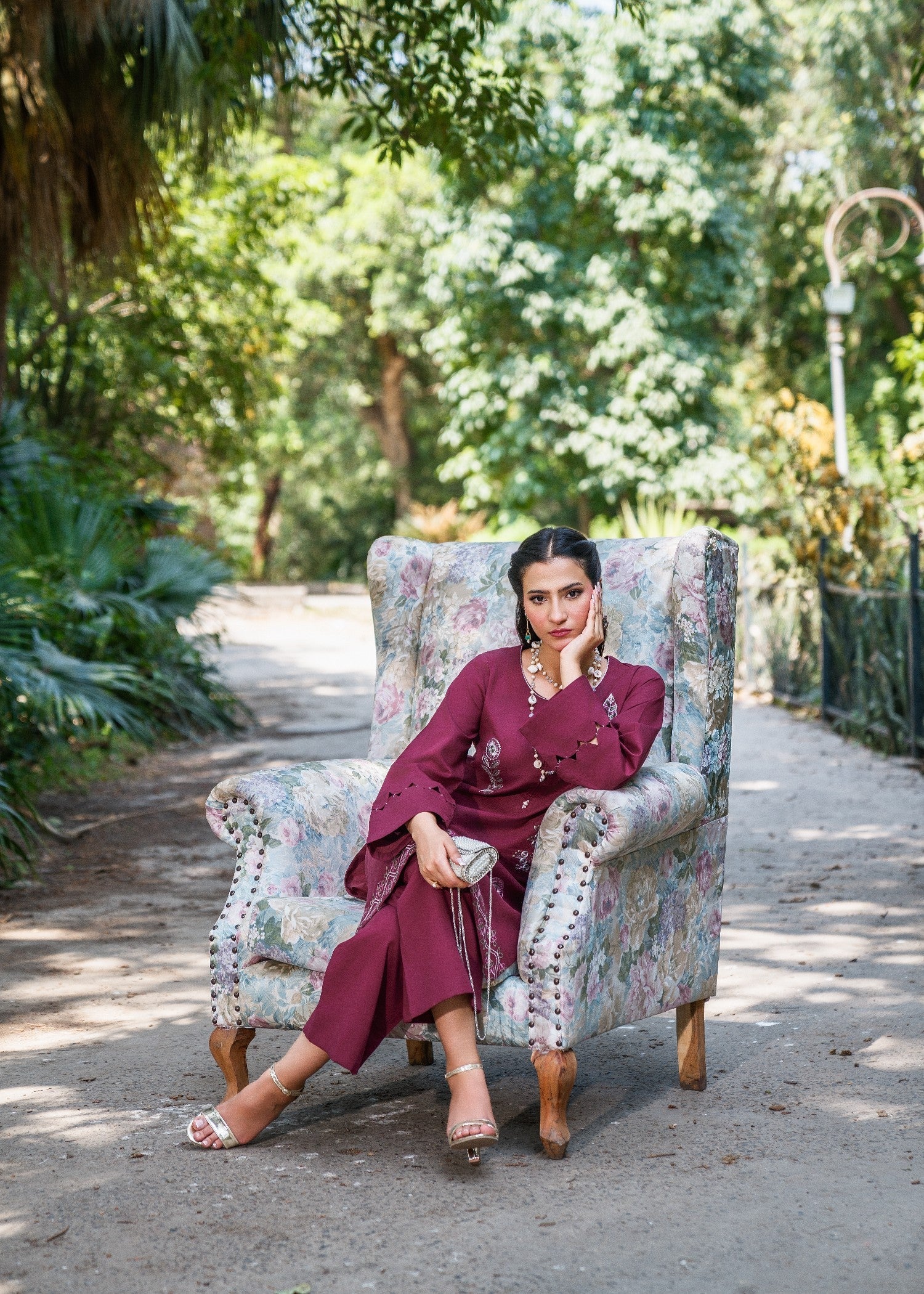 textured lawn Kurta Set in Wine
