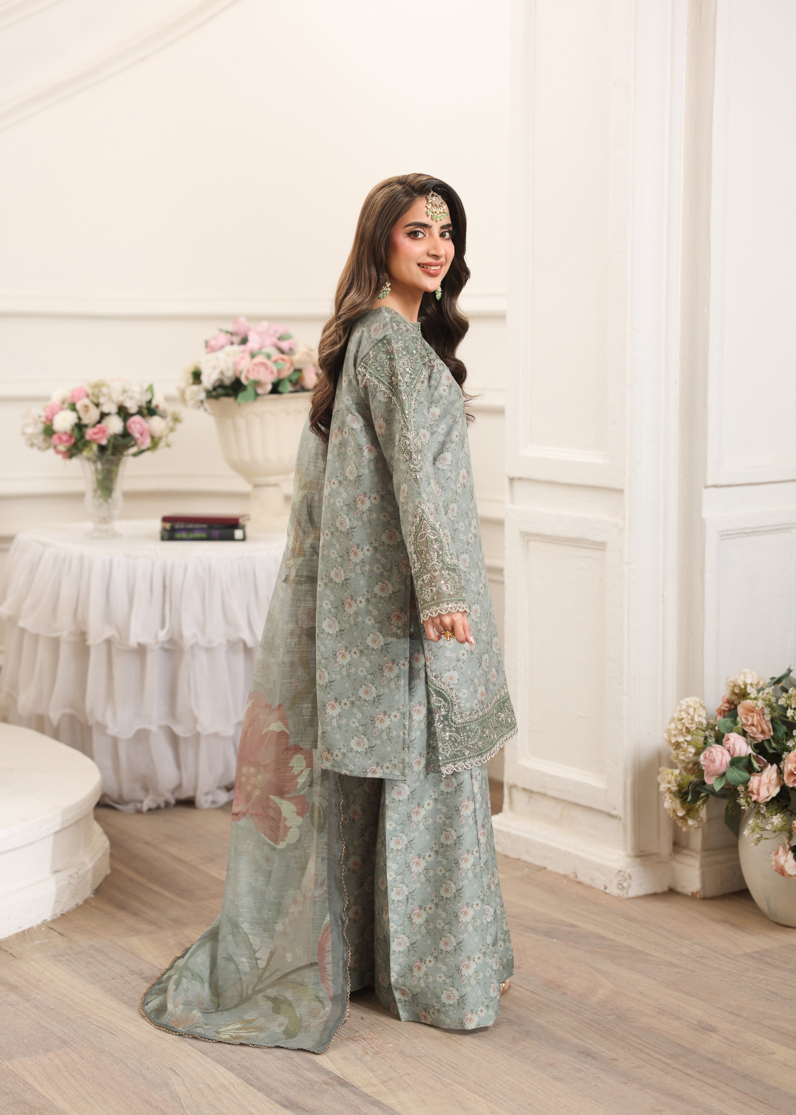 silk Kurta Set in Apple green, grey