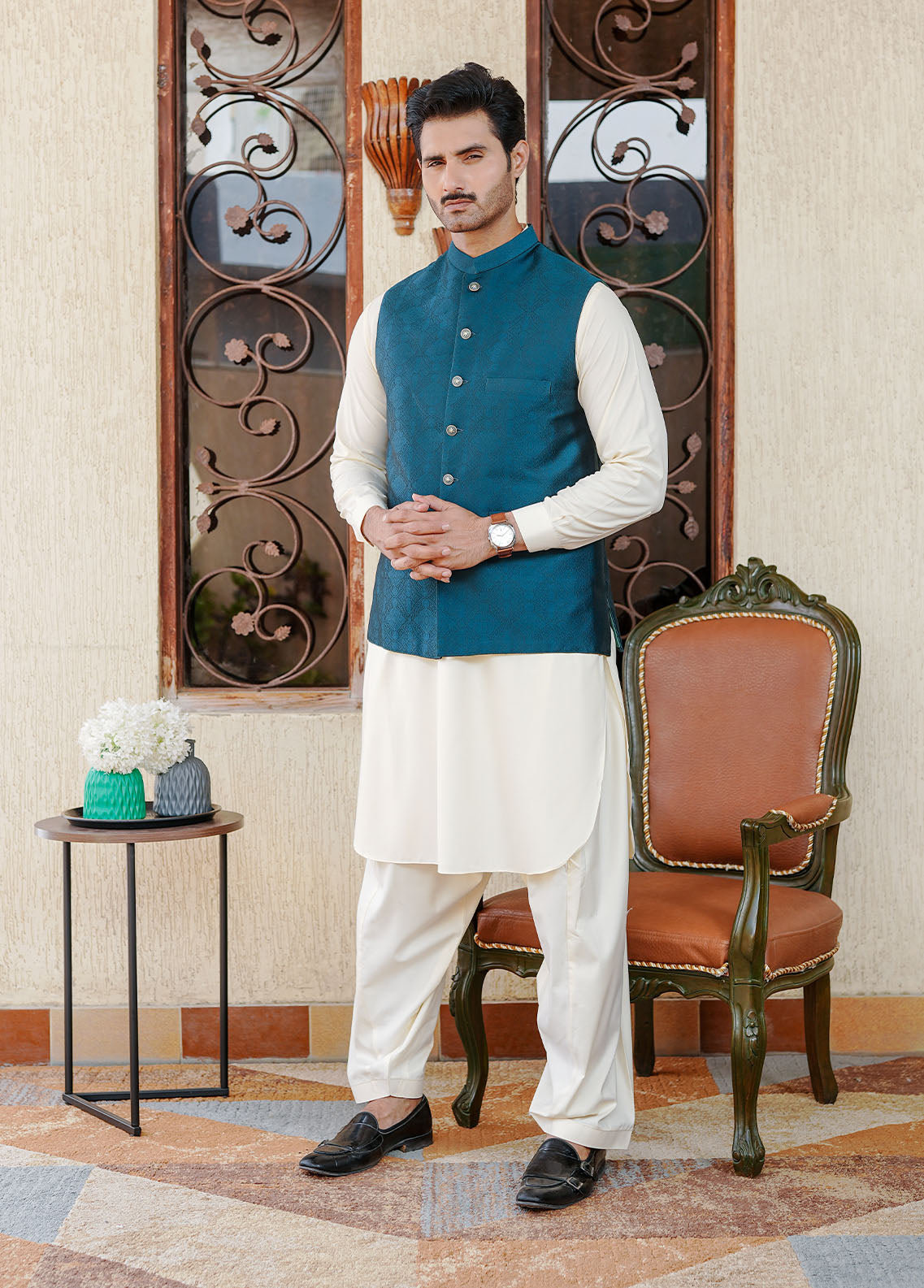 banarasi jamawar Waistcoat in Yale blue
