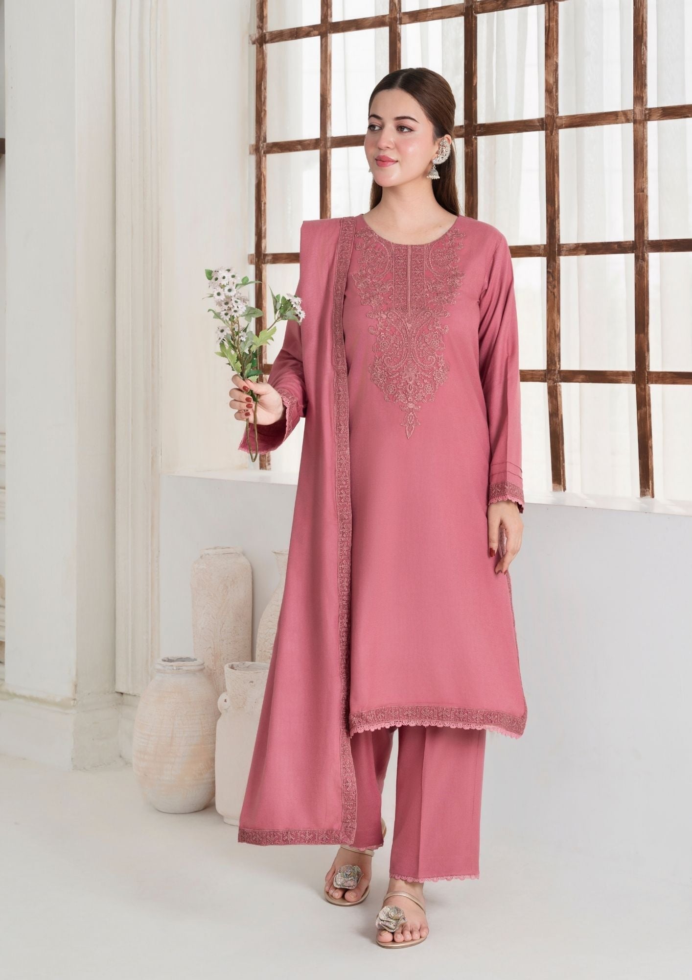 dhanak Kurta Set in Tea rose pink