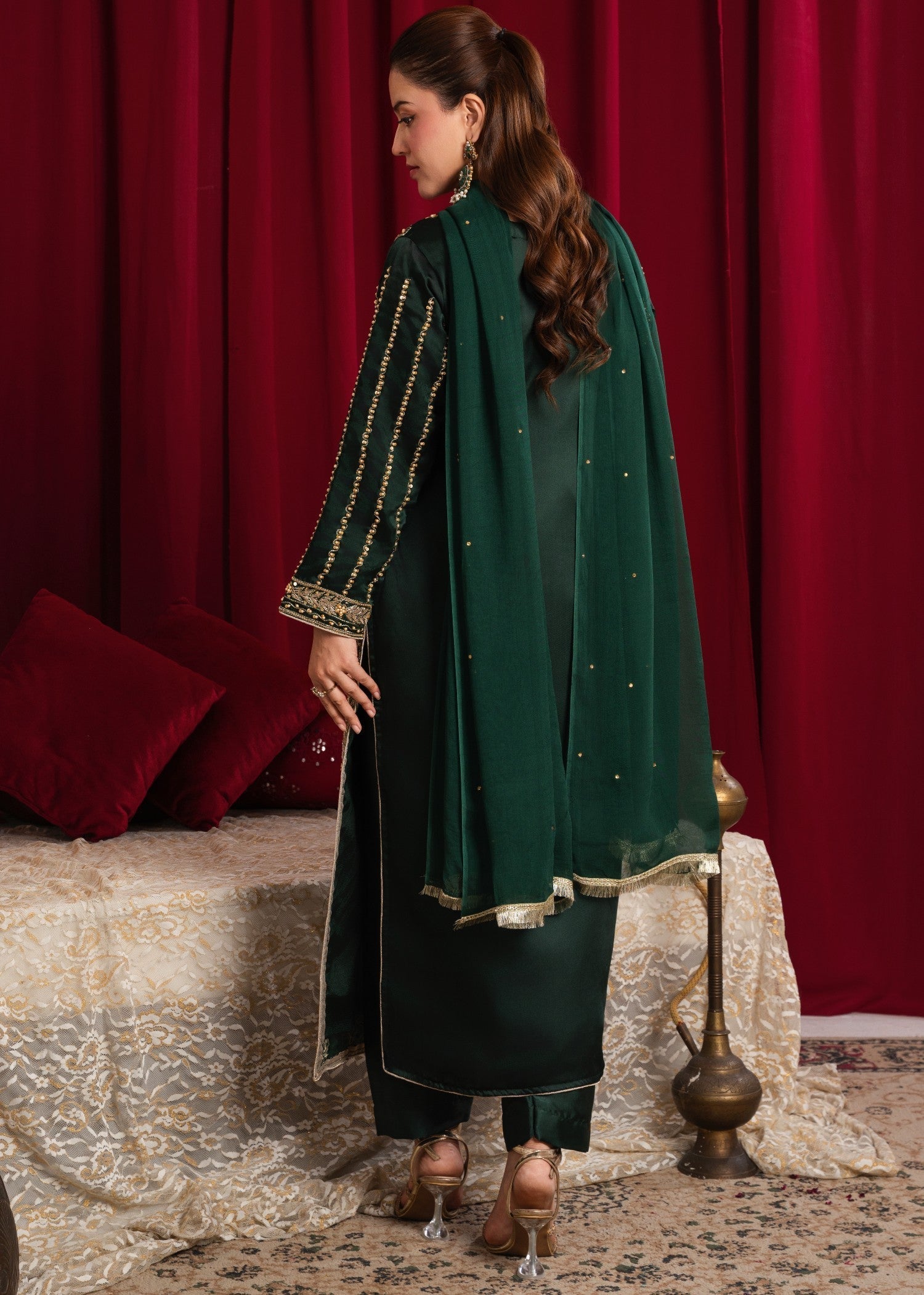 silk charmeuse Kurta Set in Bottle green