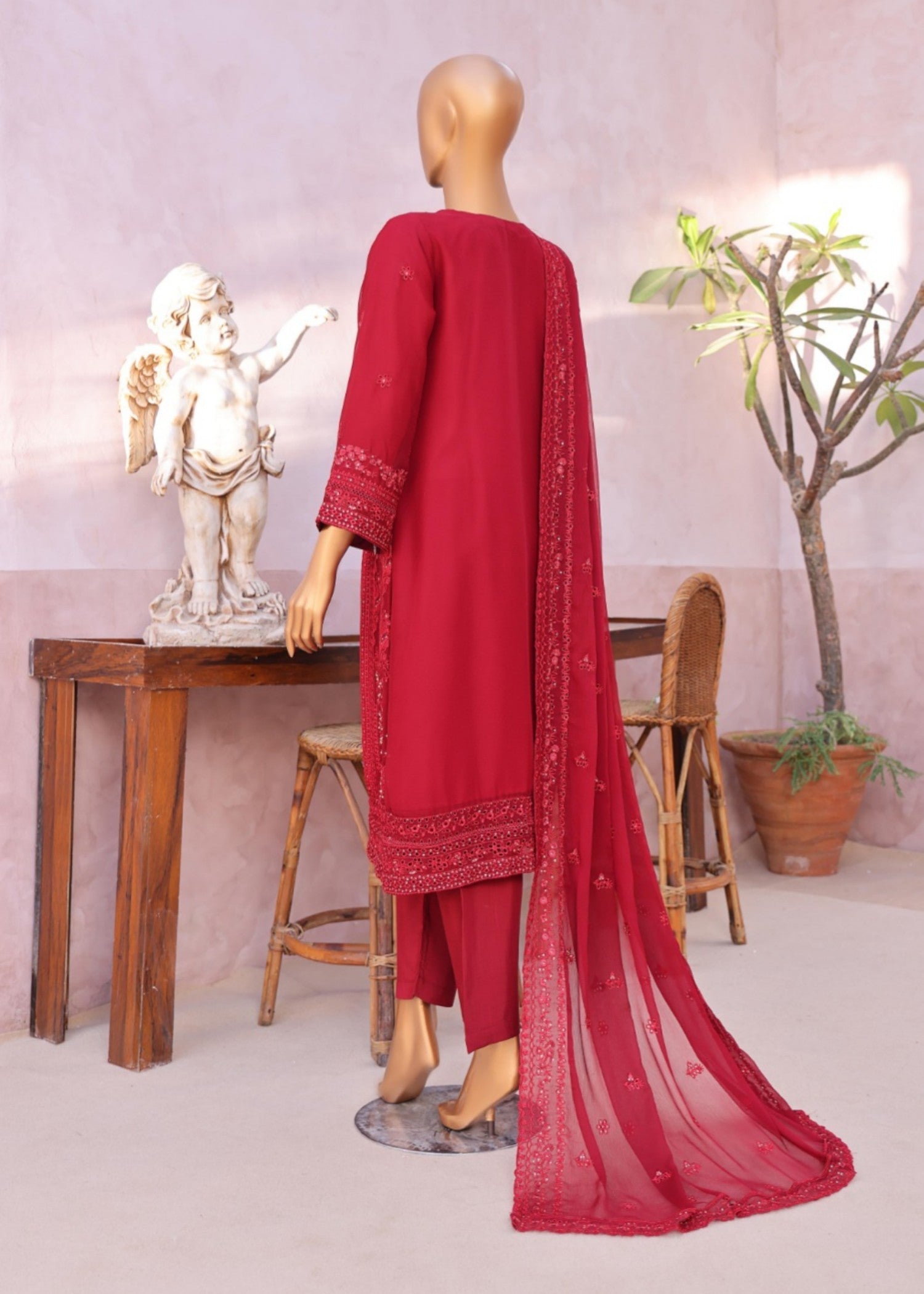 chiffon Kurta Set in Persian red