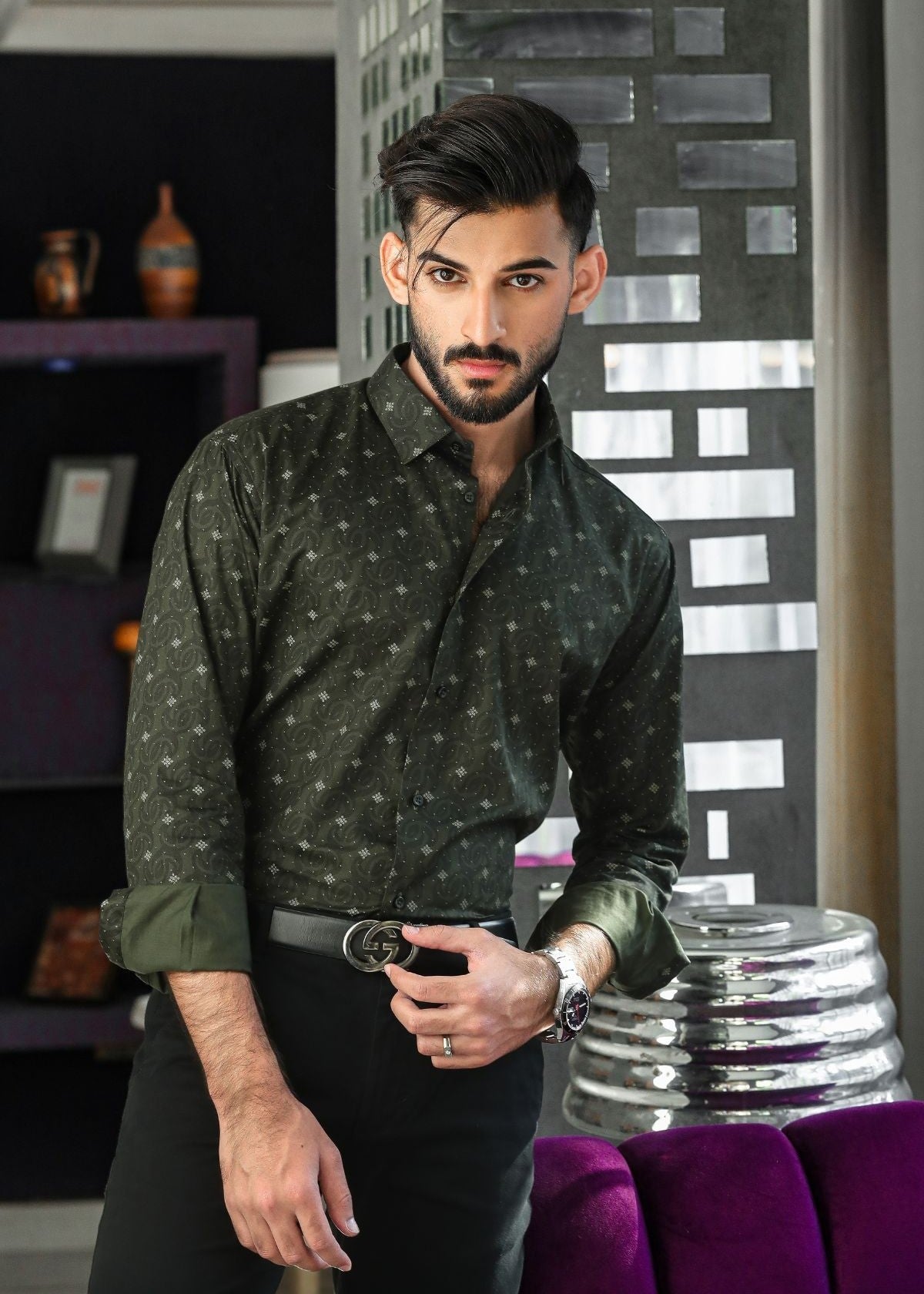 cotton Casual Shirt in Dark green