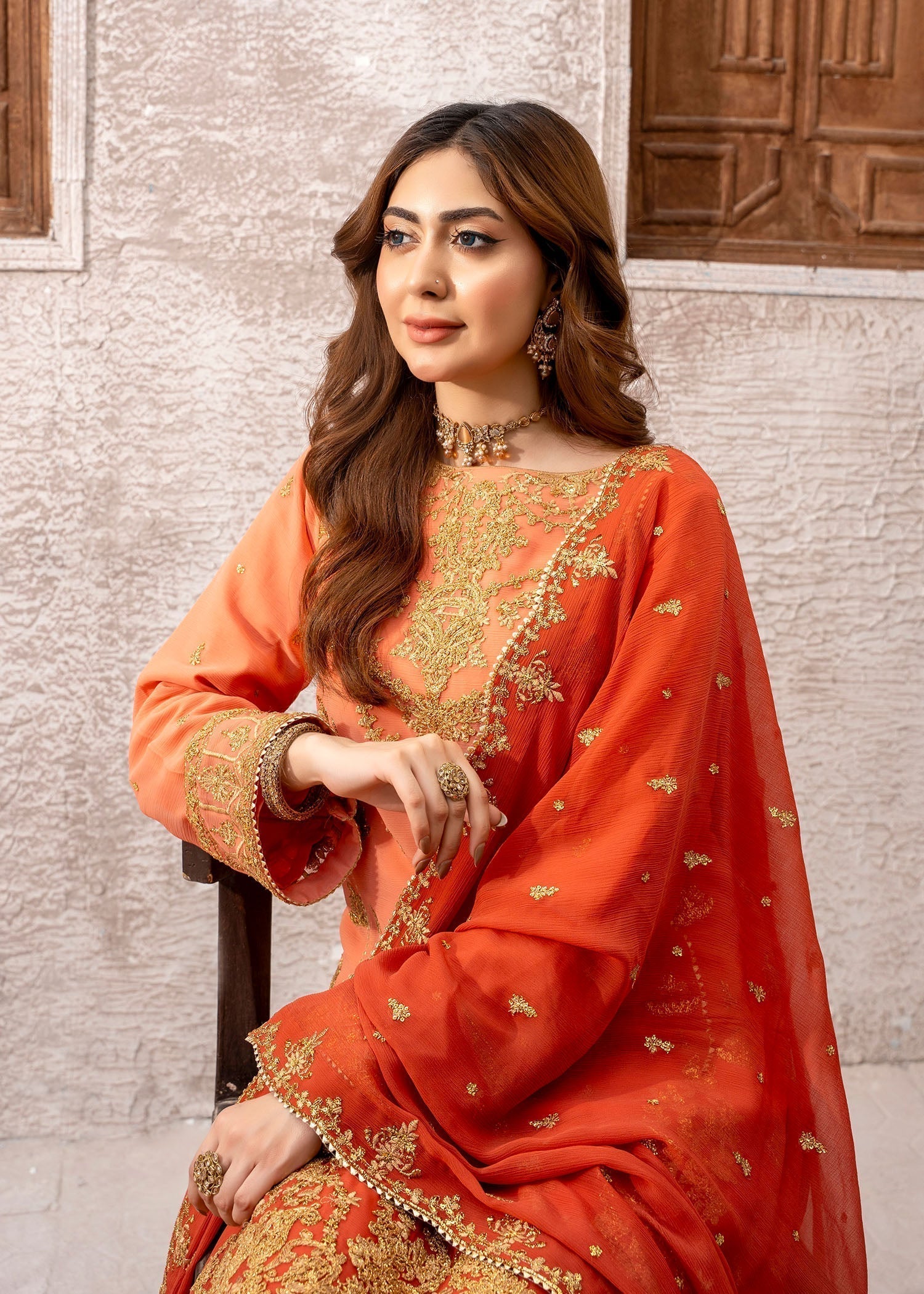chiffon Kurta Set in Coral orange
