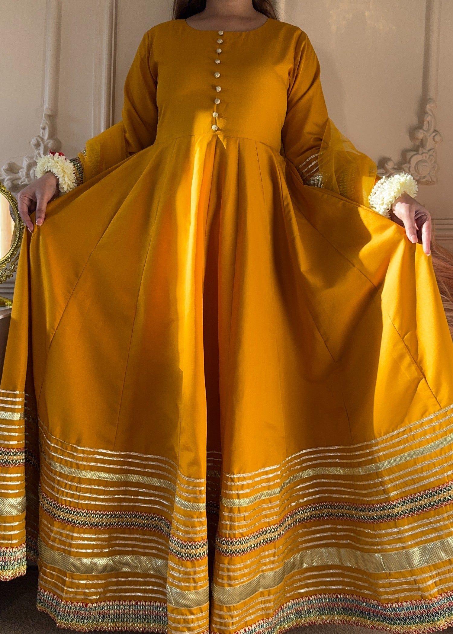 satin silk Anarkali in Mustard