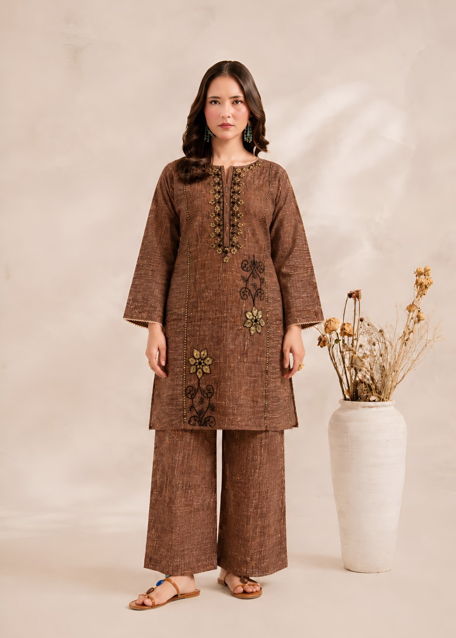 cambric Kurta Set in Chocolate brown