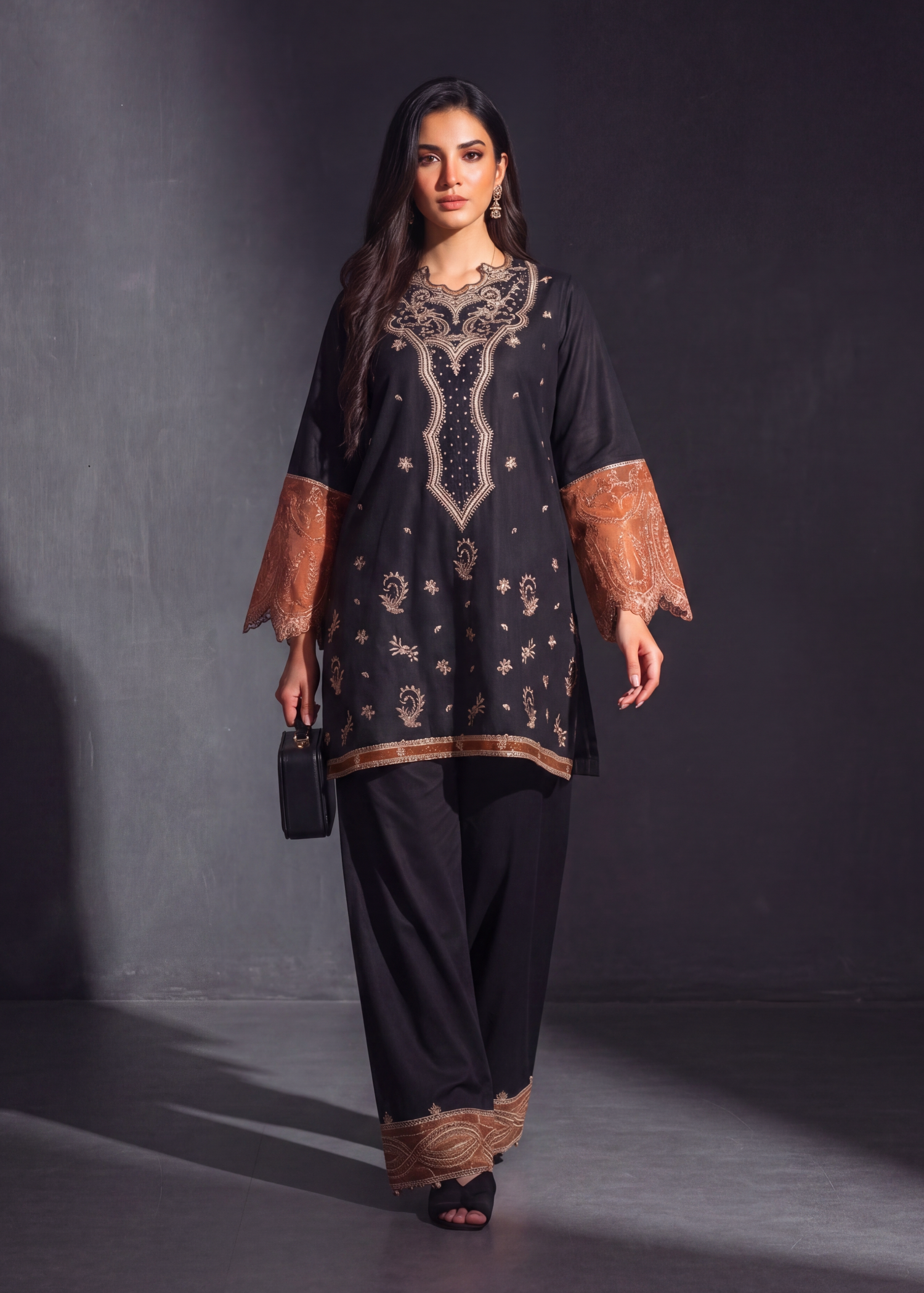 cotton Kurta Set in Black, pumpkin orange
