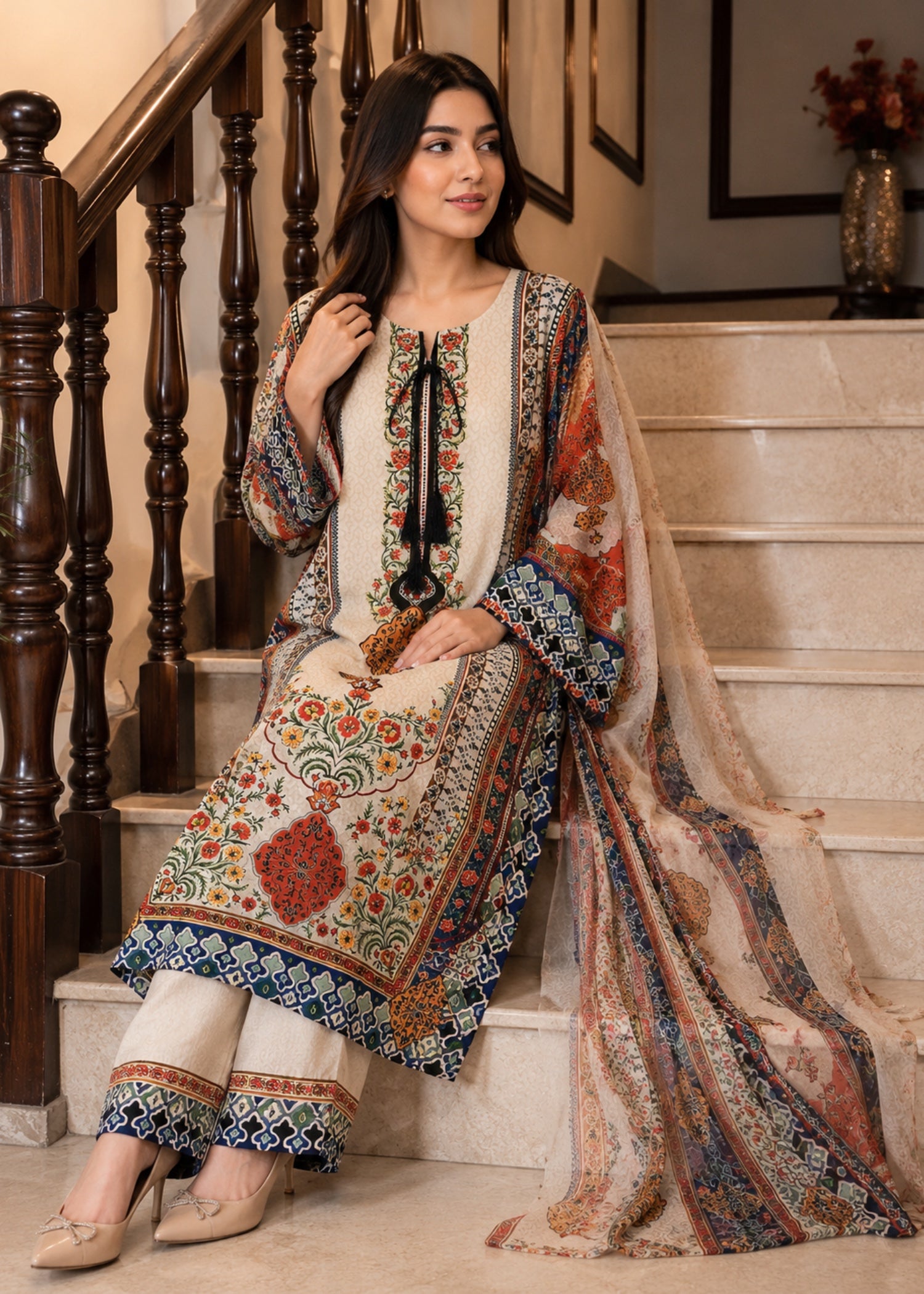 silk finish lawn Kurta Set in Multi, eggshell