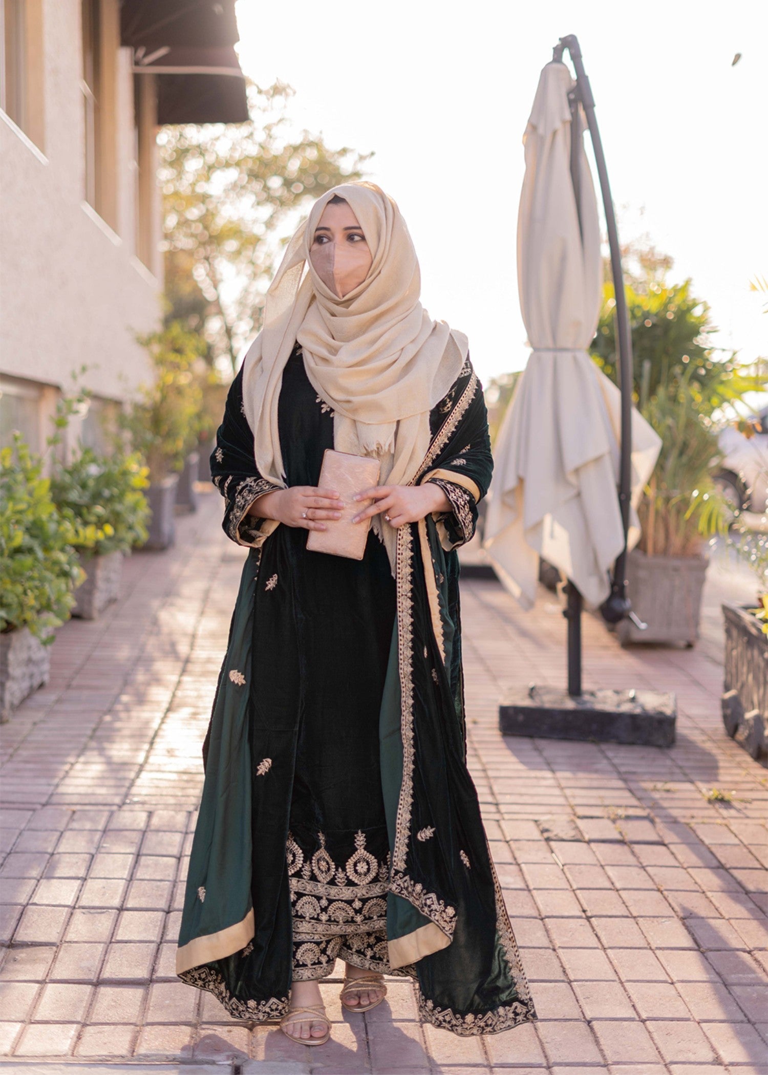 chinese micro velvet 9000 Kurta Set in Dark green