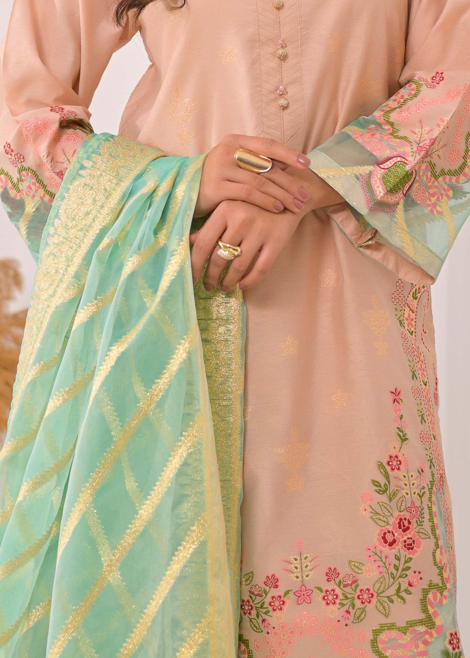 jacquard Kurta Set in Peach pink