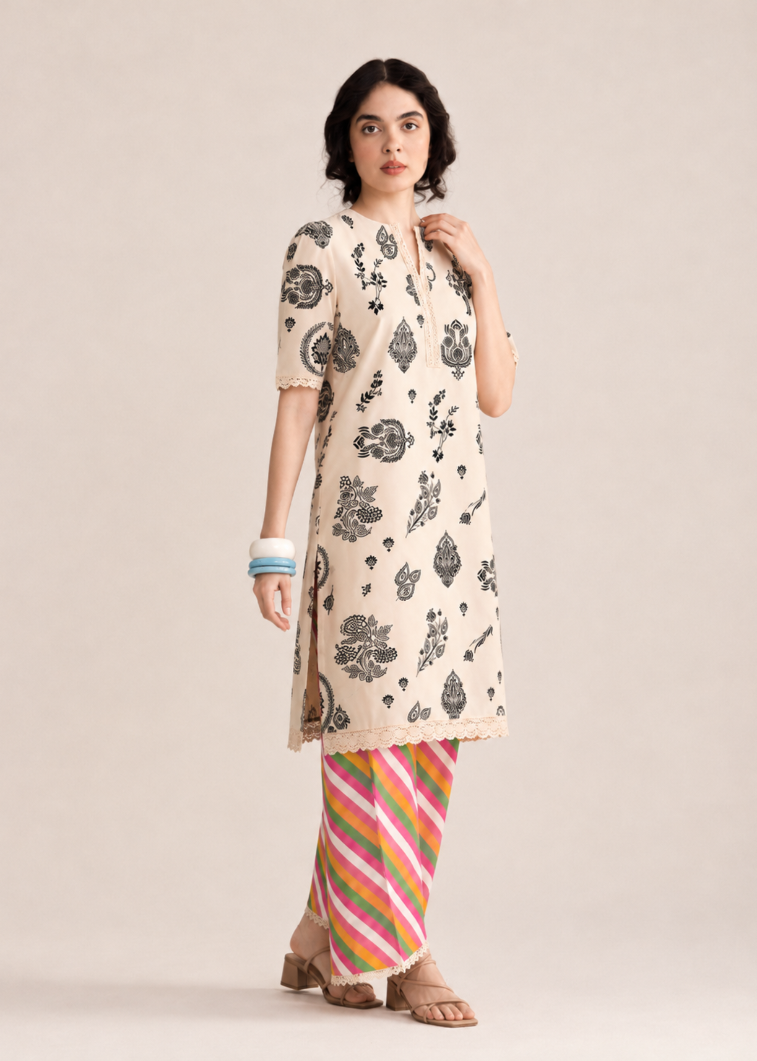 lawn Unstitched in Beige, multi