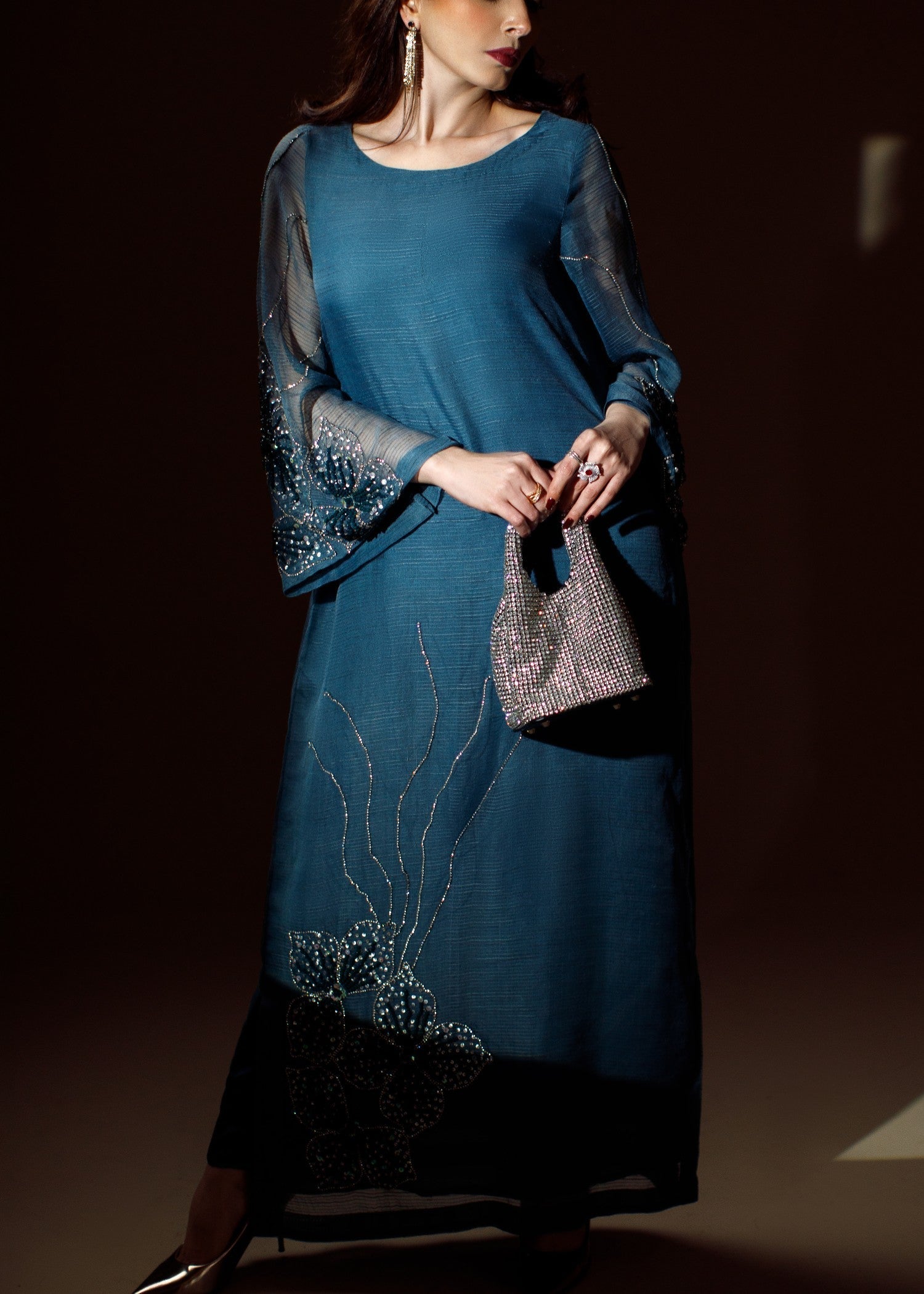 zari organza Kurta Set in Teal