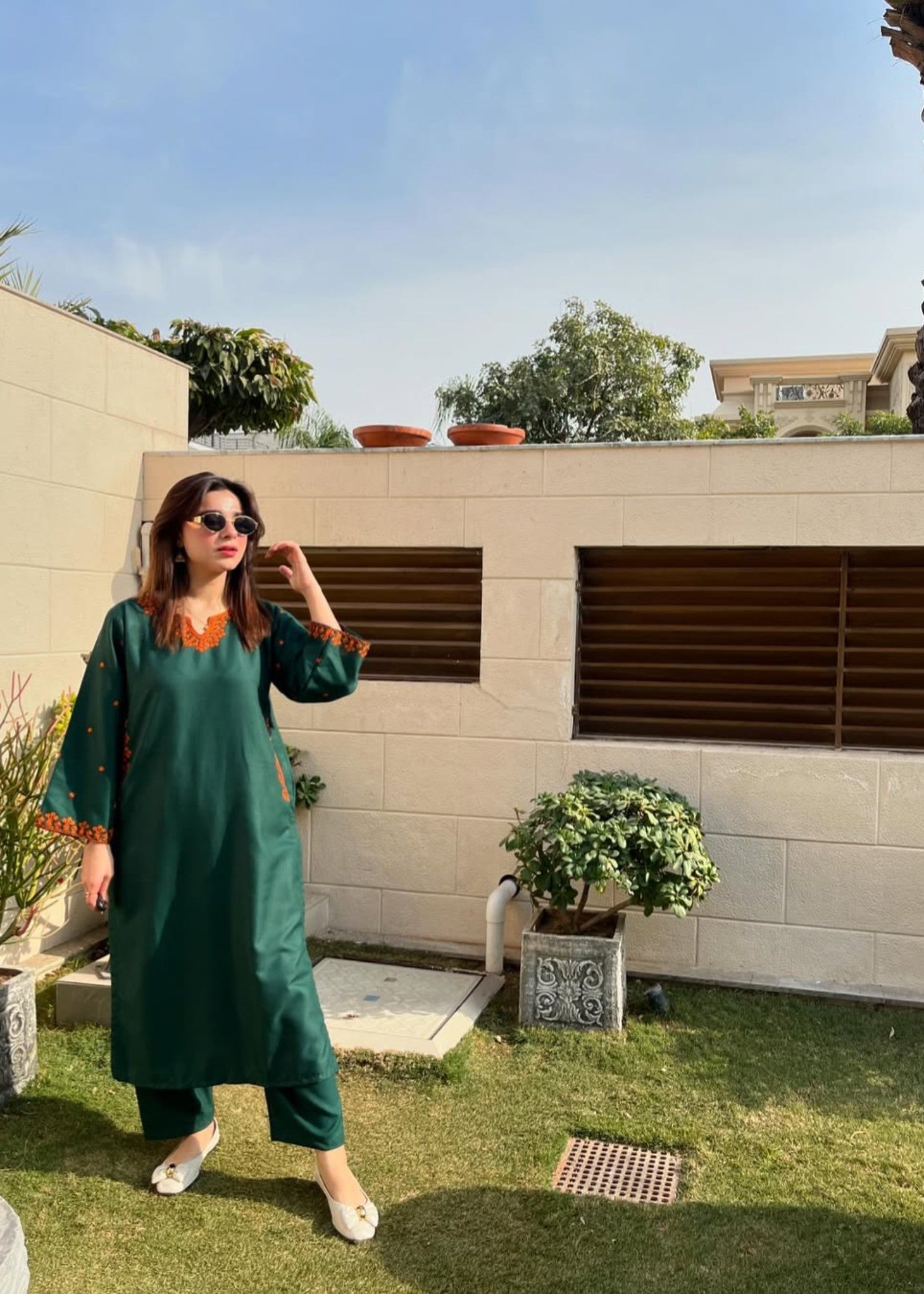 linen Kurta Set in Bottle green