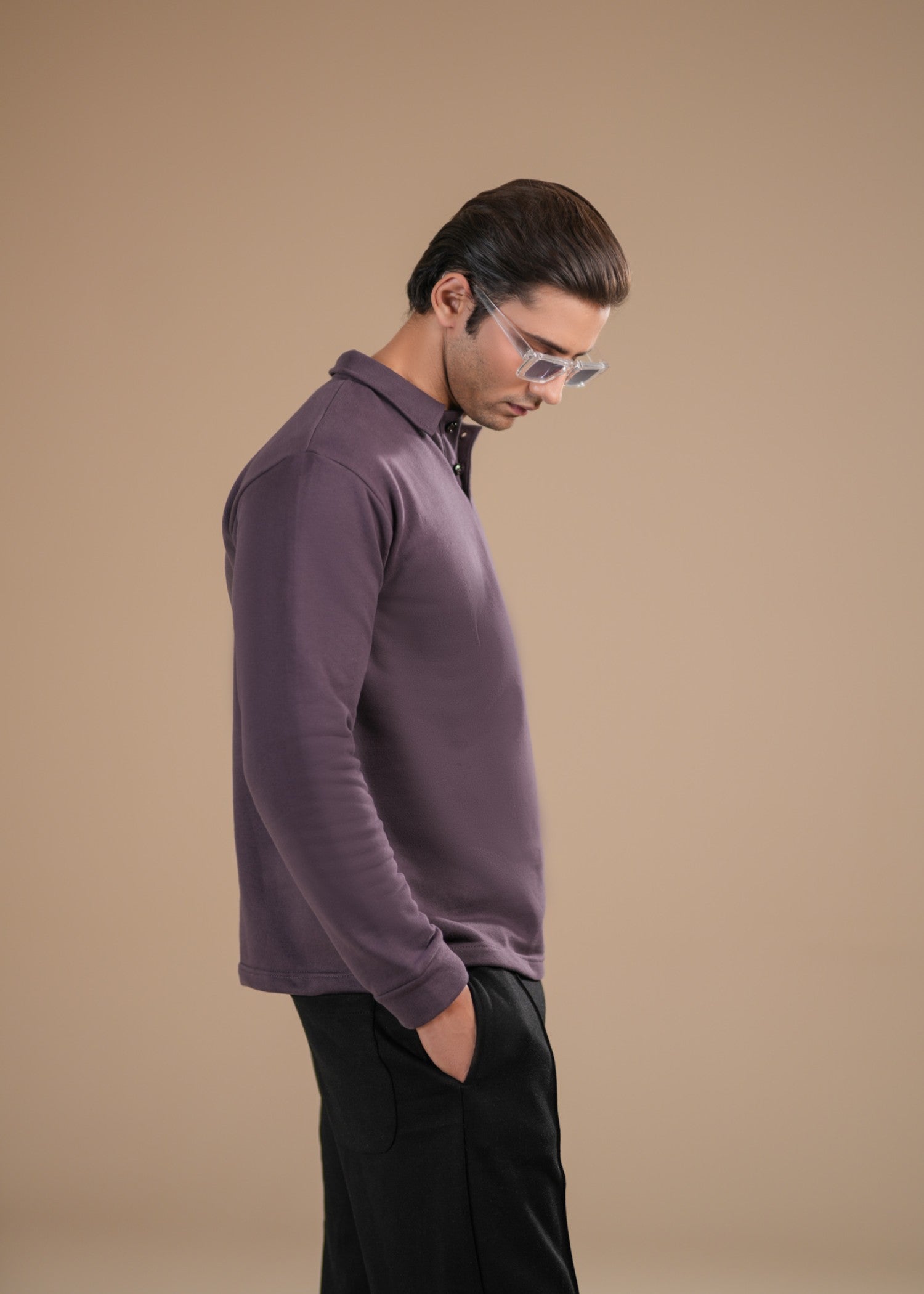 fleece Polo Shirt in Purple by Muraqsh West