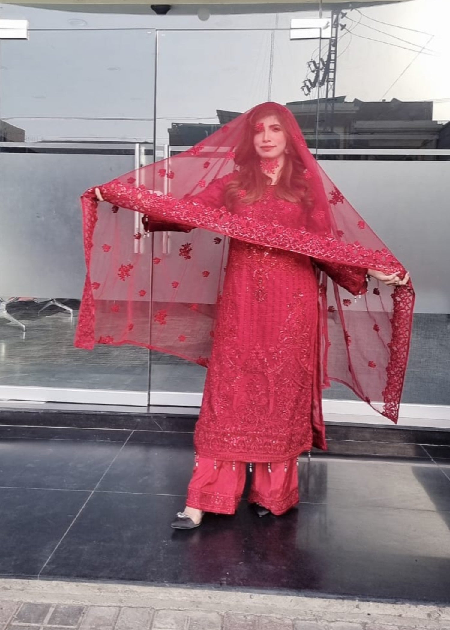 net Kurta Set in Blood red