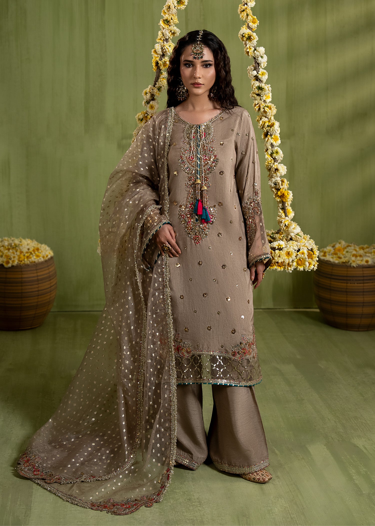 raw silk Kurta Set in Brown