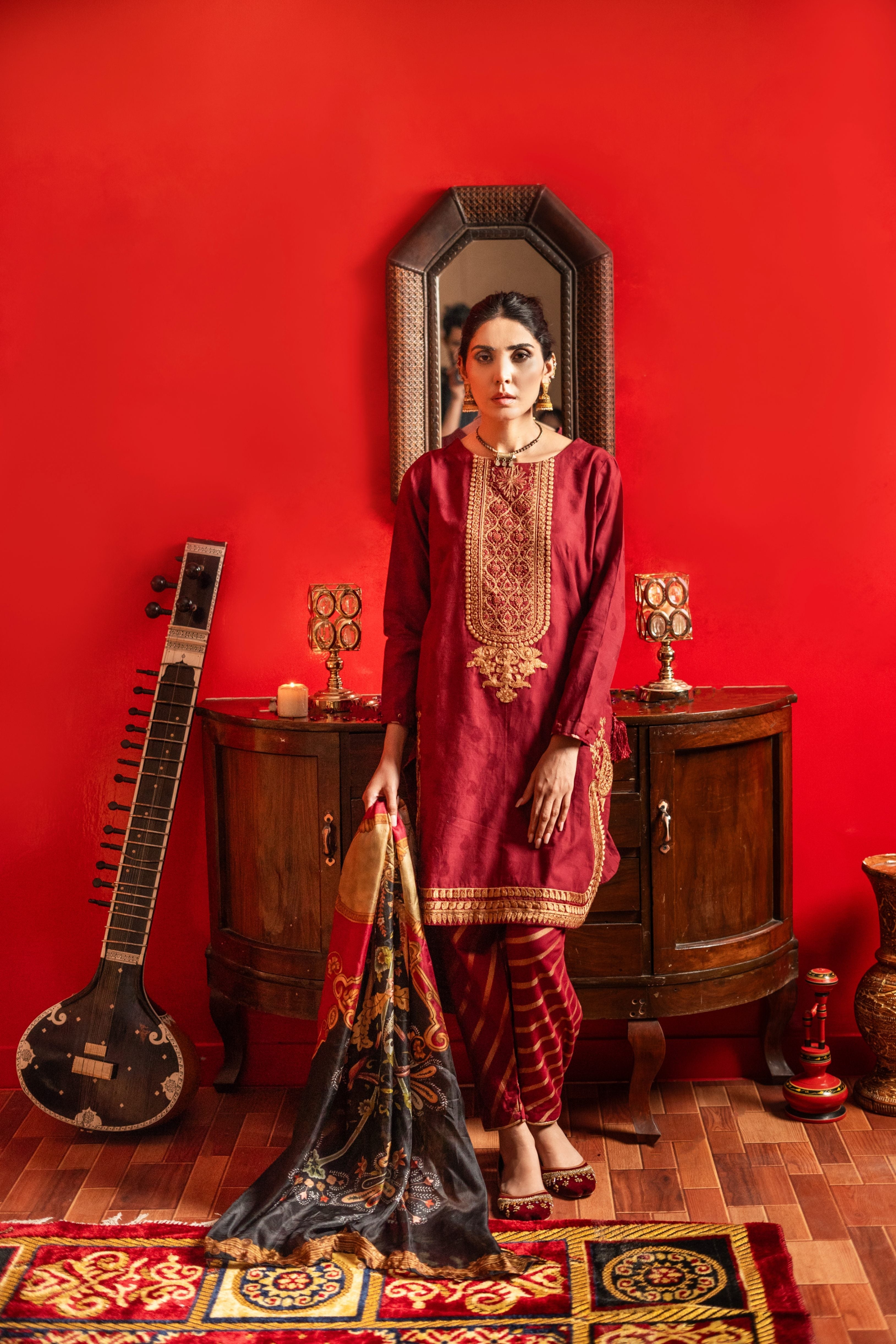 dobby Kurta Set in Maroon