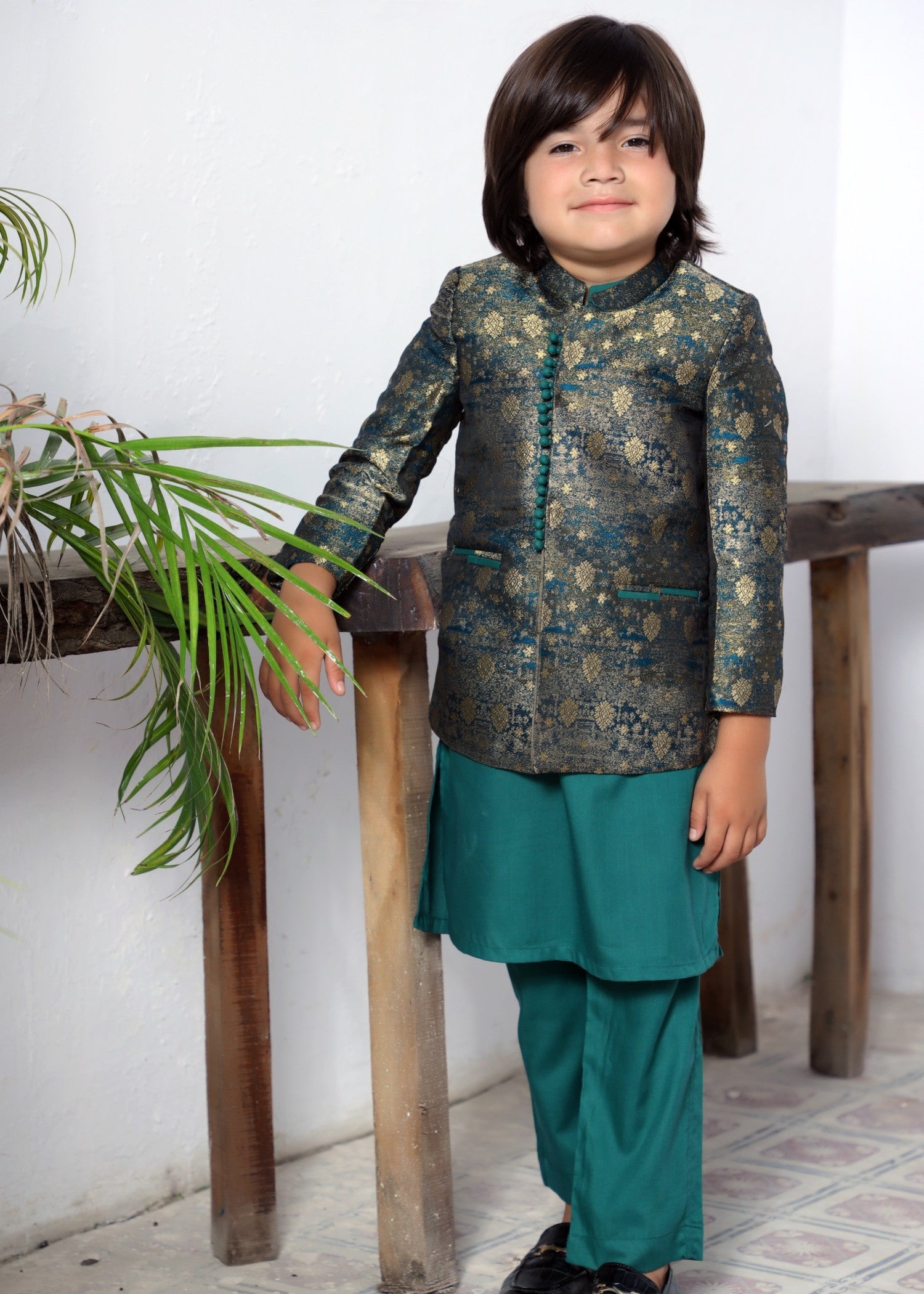 raw silk Prince Coat in Eucalyptus green, goldenrod