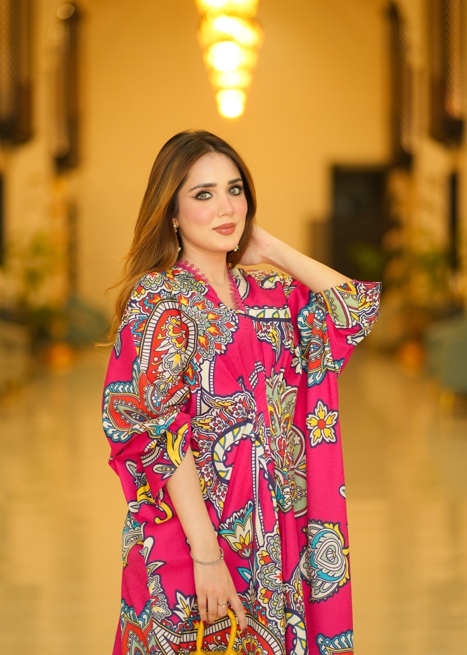 textured lawn Kaftan in Hot pink