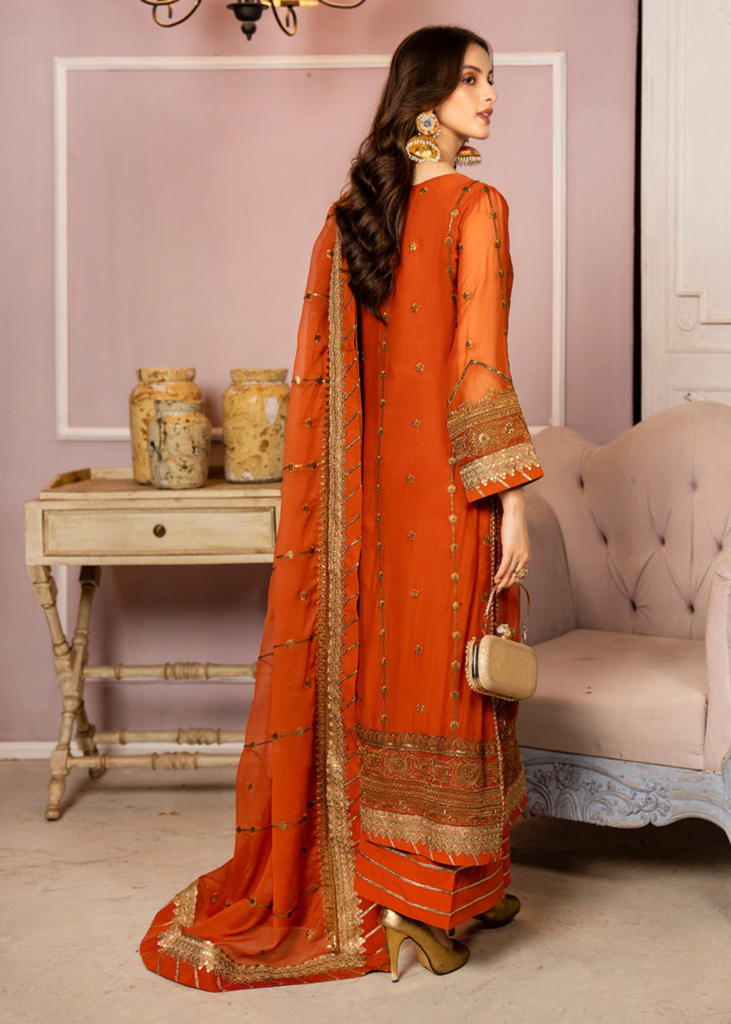 chiffon Kurta Set in Rust orange