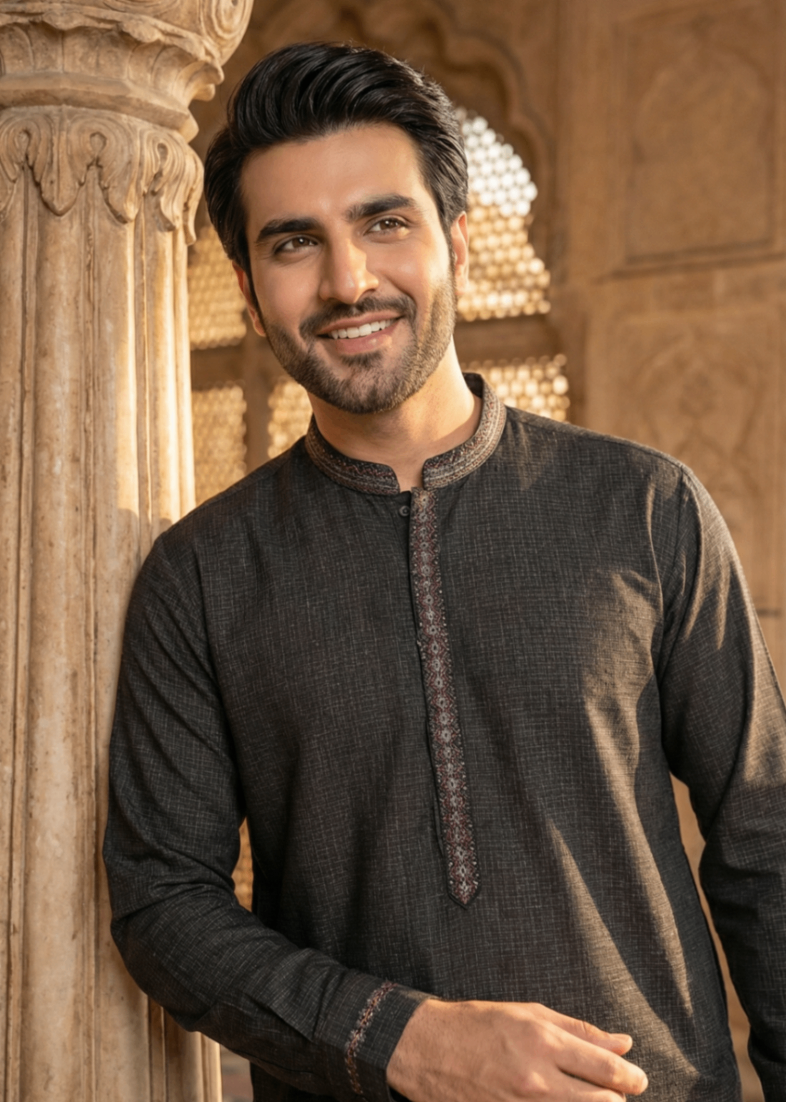 textured wash & wear Kurta Set in Iron grey