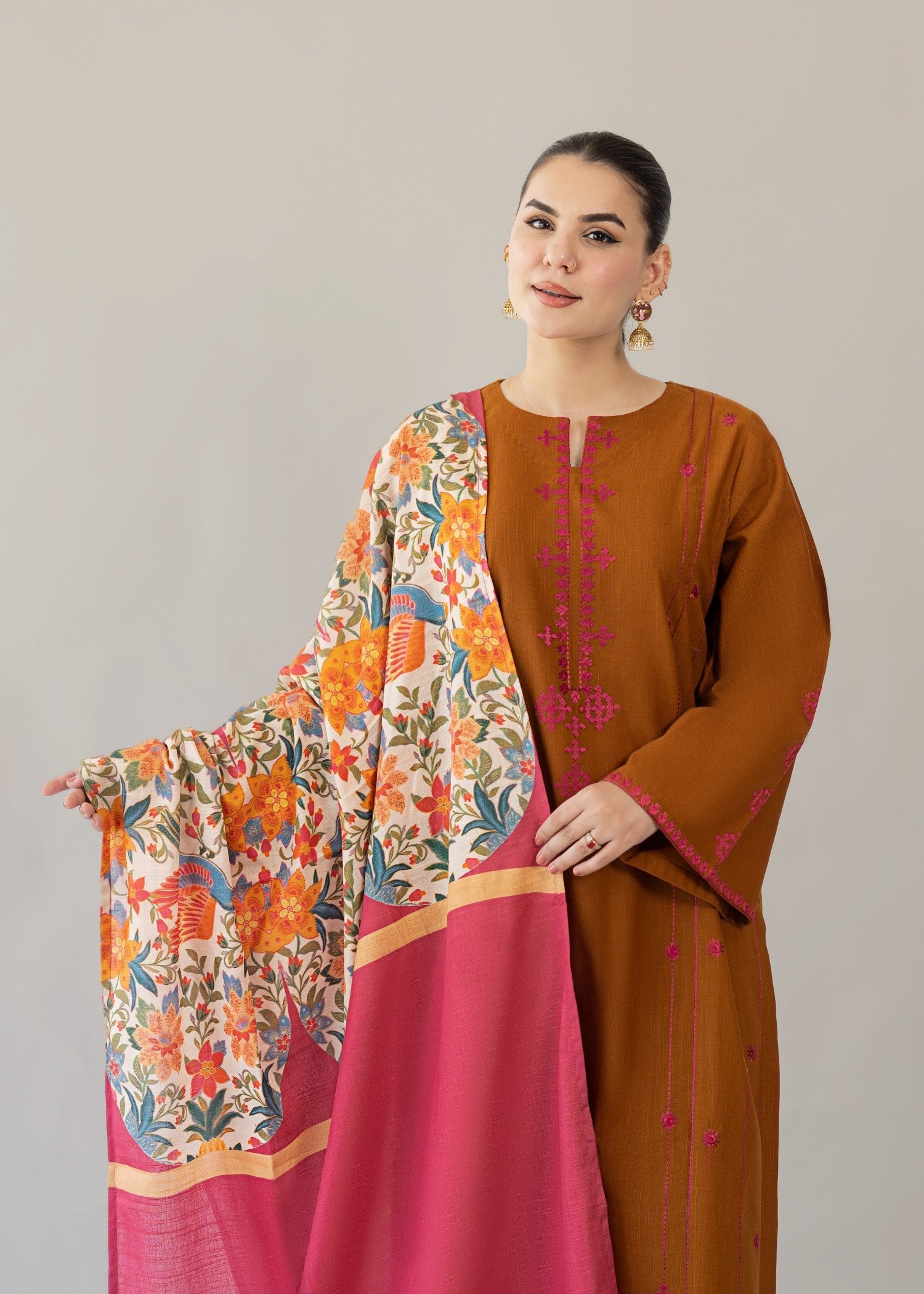 slub khaddar Kurta Set in Brown