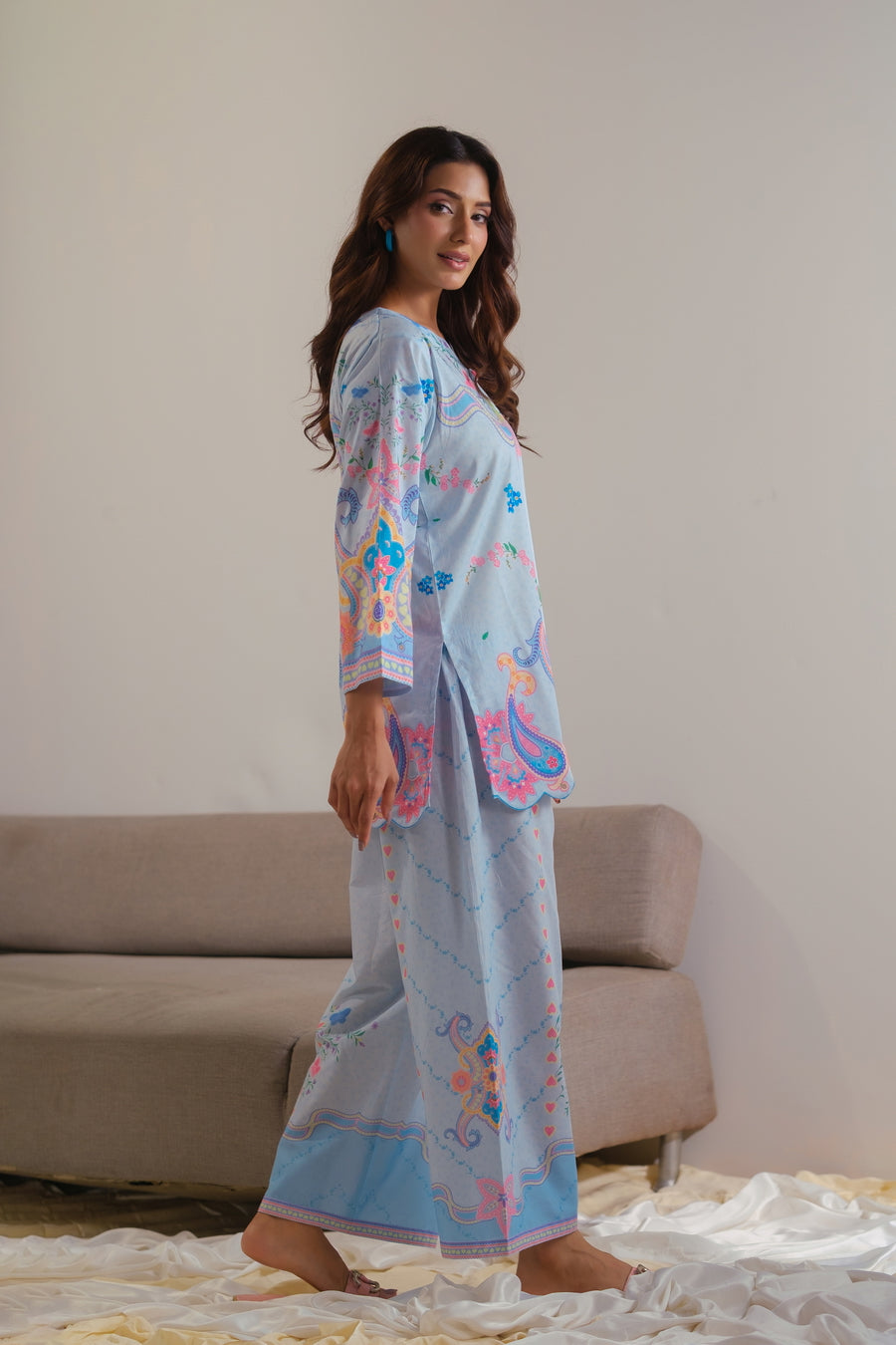 lawn cotton Co Ord Sets in Sky blue