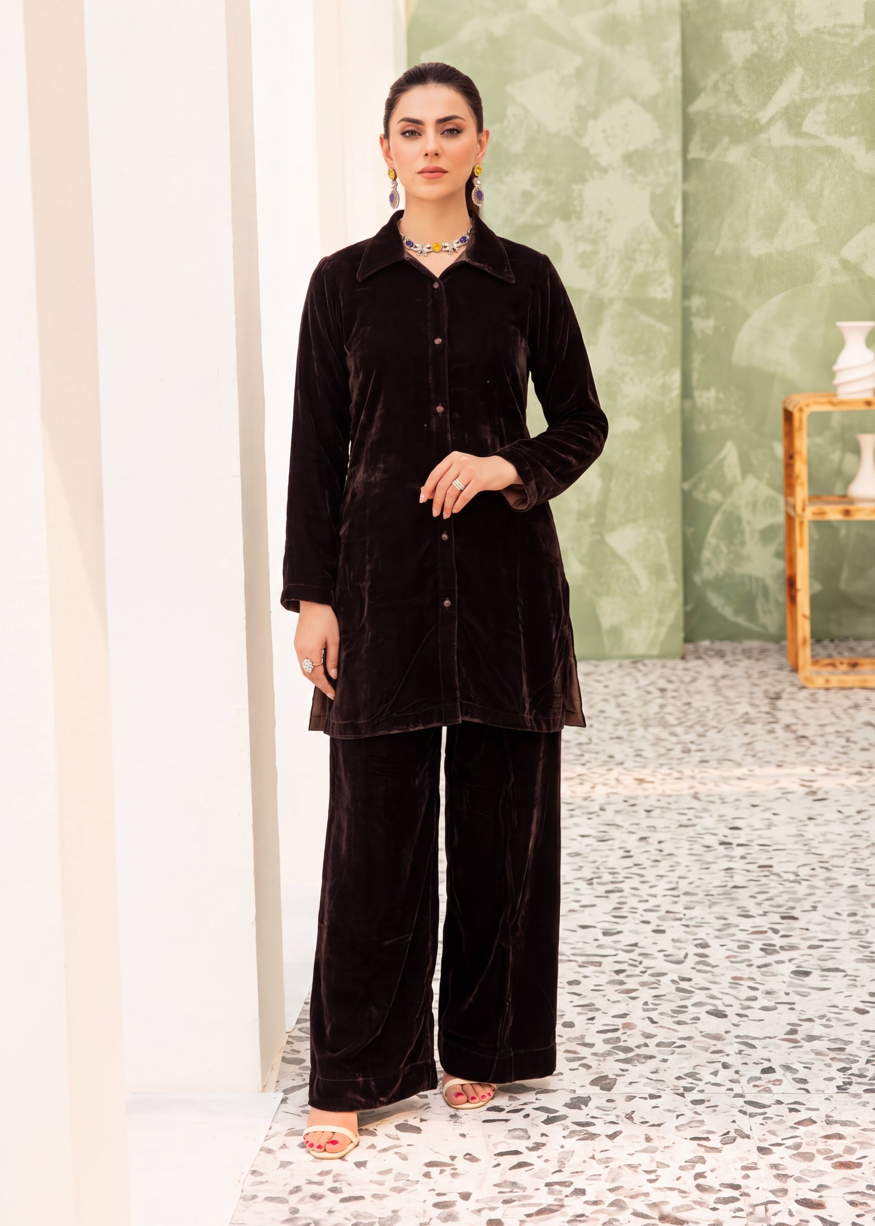 velvet Co ord Sets in Dark brown