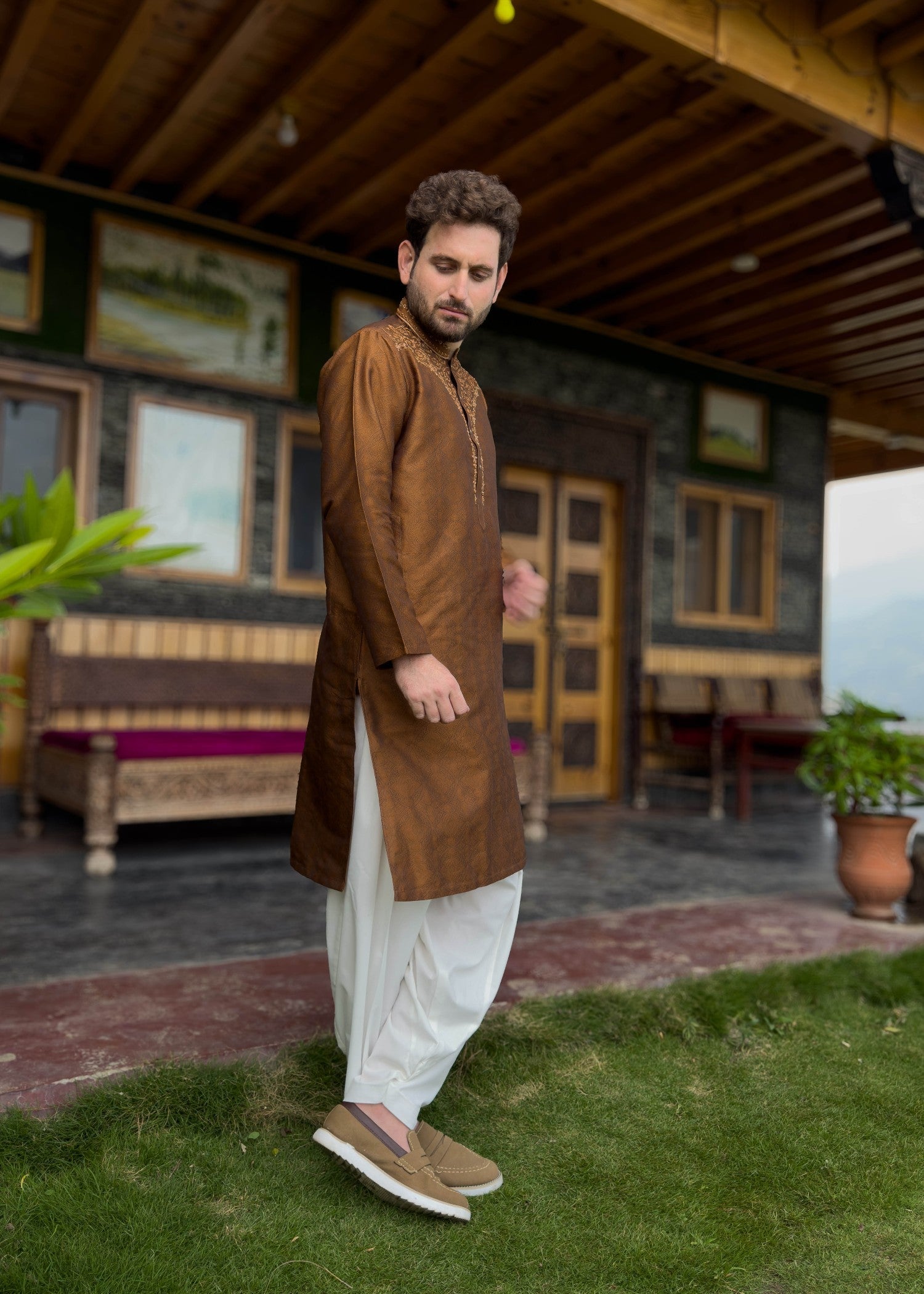 traditional jamawar Kurta in Copper