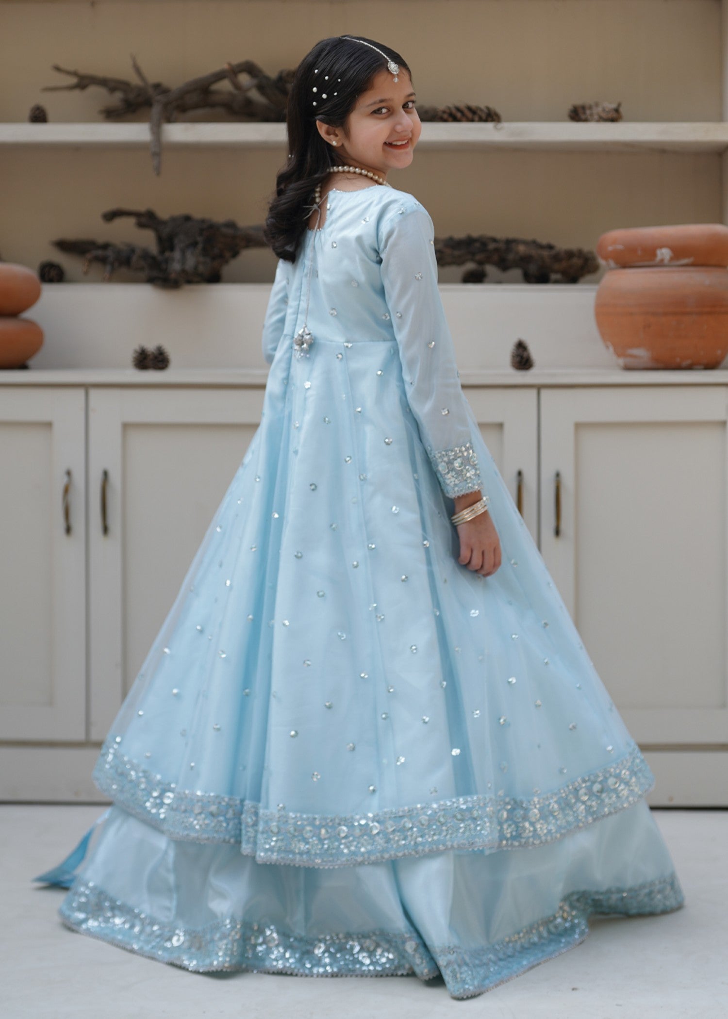 net Lehenga in Sky blue